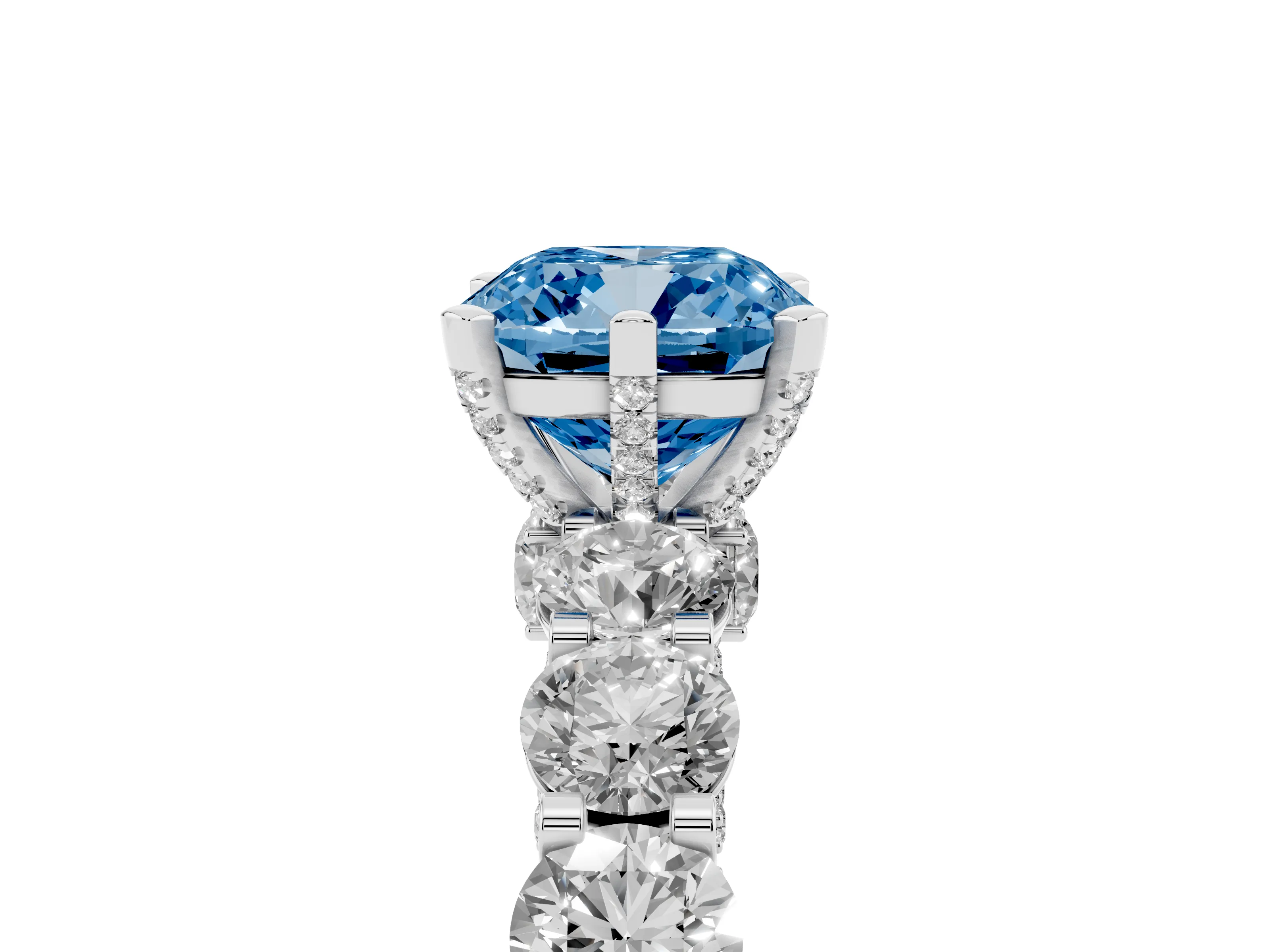 Fancy Blue Cushion Cut Diamond Side Stone Ring Set in Platinum with Alternating Round and Oval Side Stones