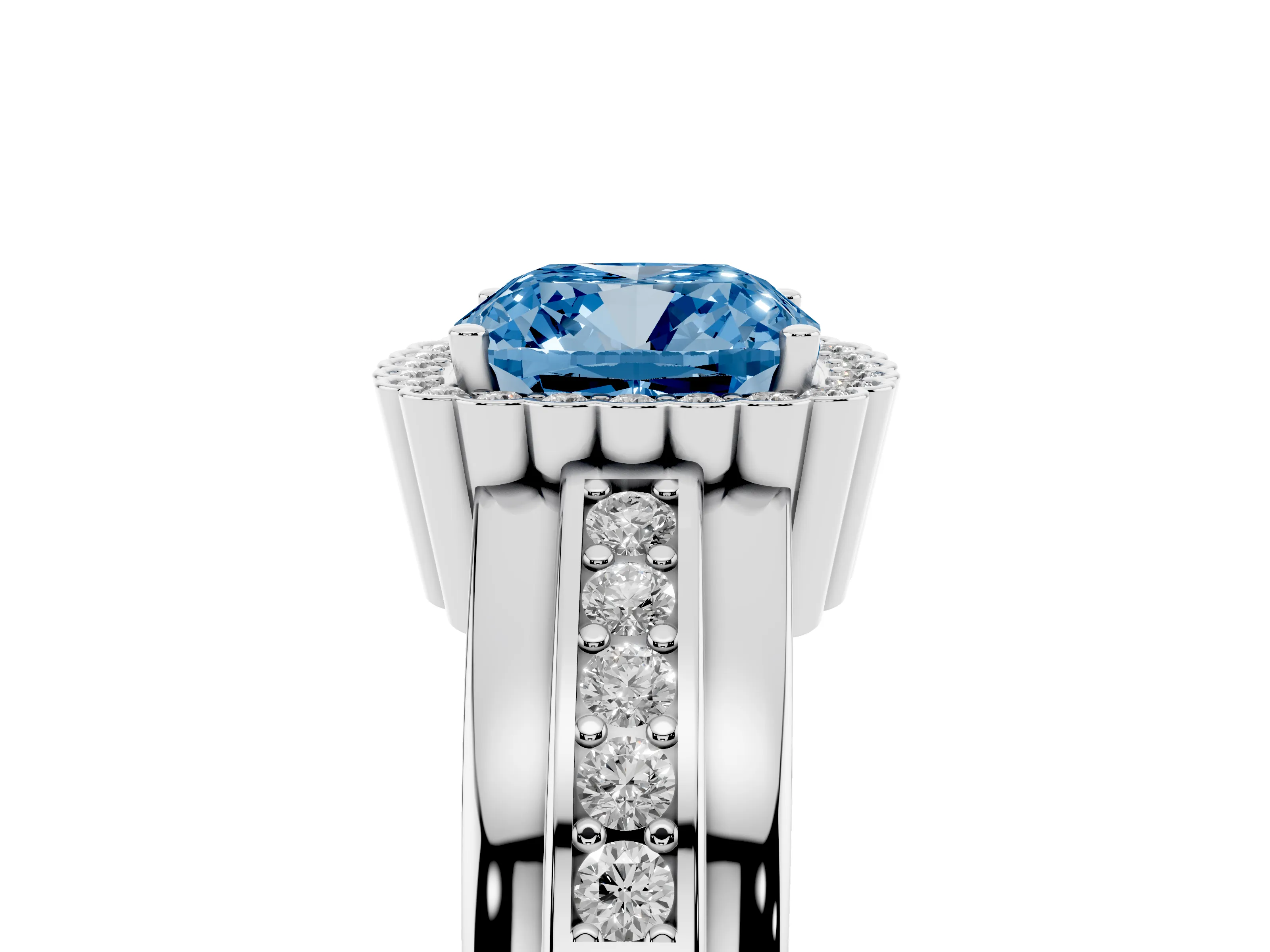 Fancy Blue Cushion Cut Diamond Halo Prong Ring Set in Silver with Pavé Band