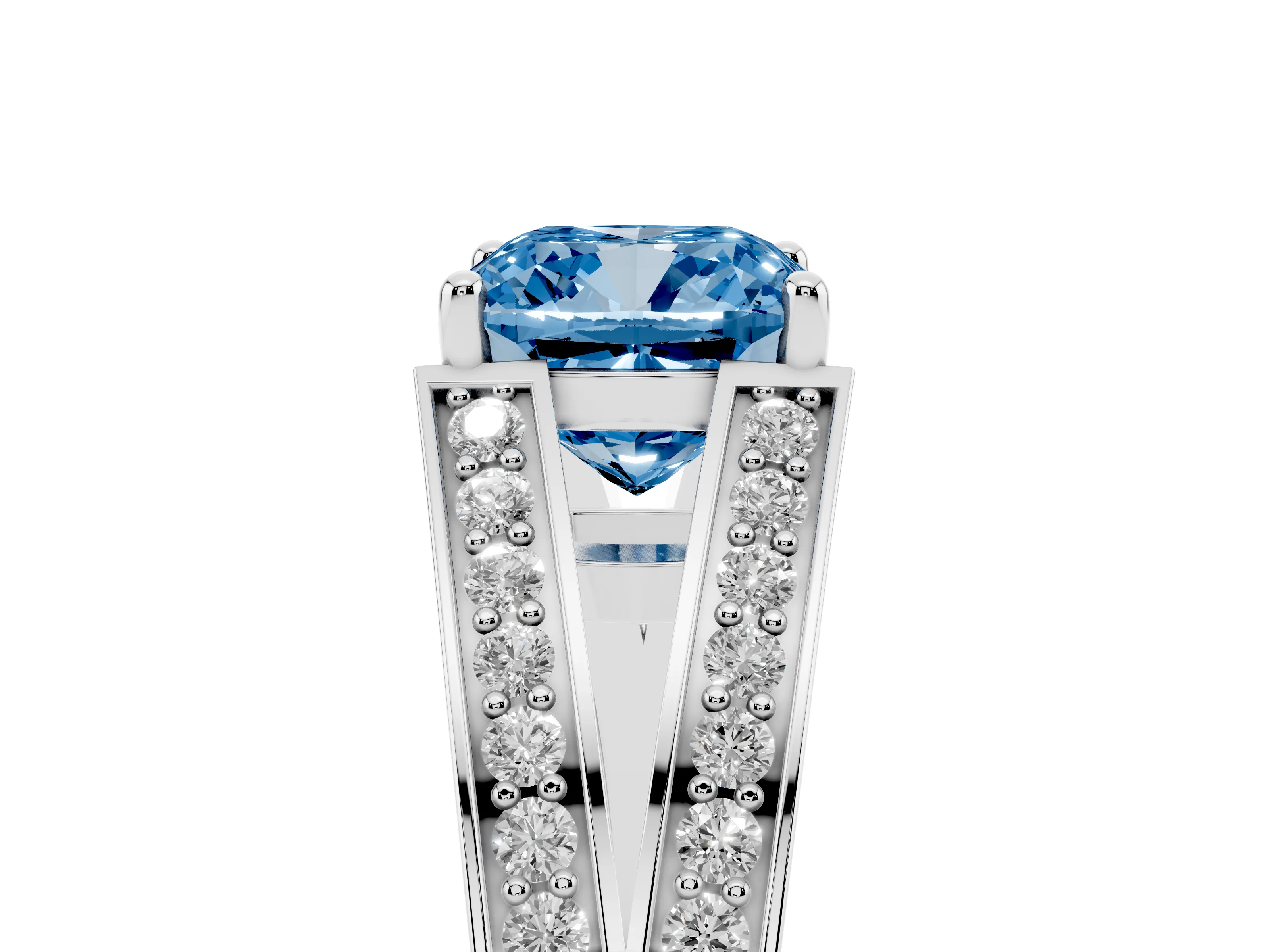 Fancy Blue Cushion Cut Diamond Split Shank Ring Set in White gold with Pavé Band and Prong Setting