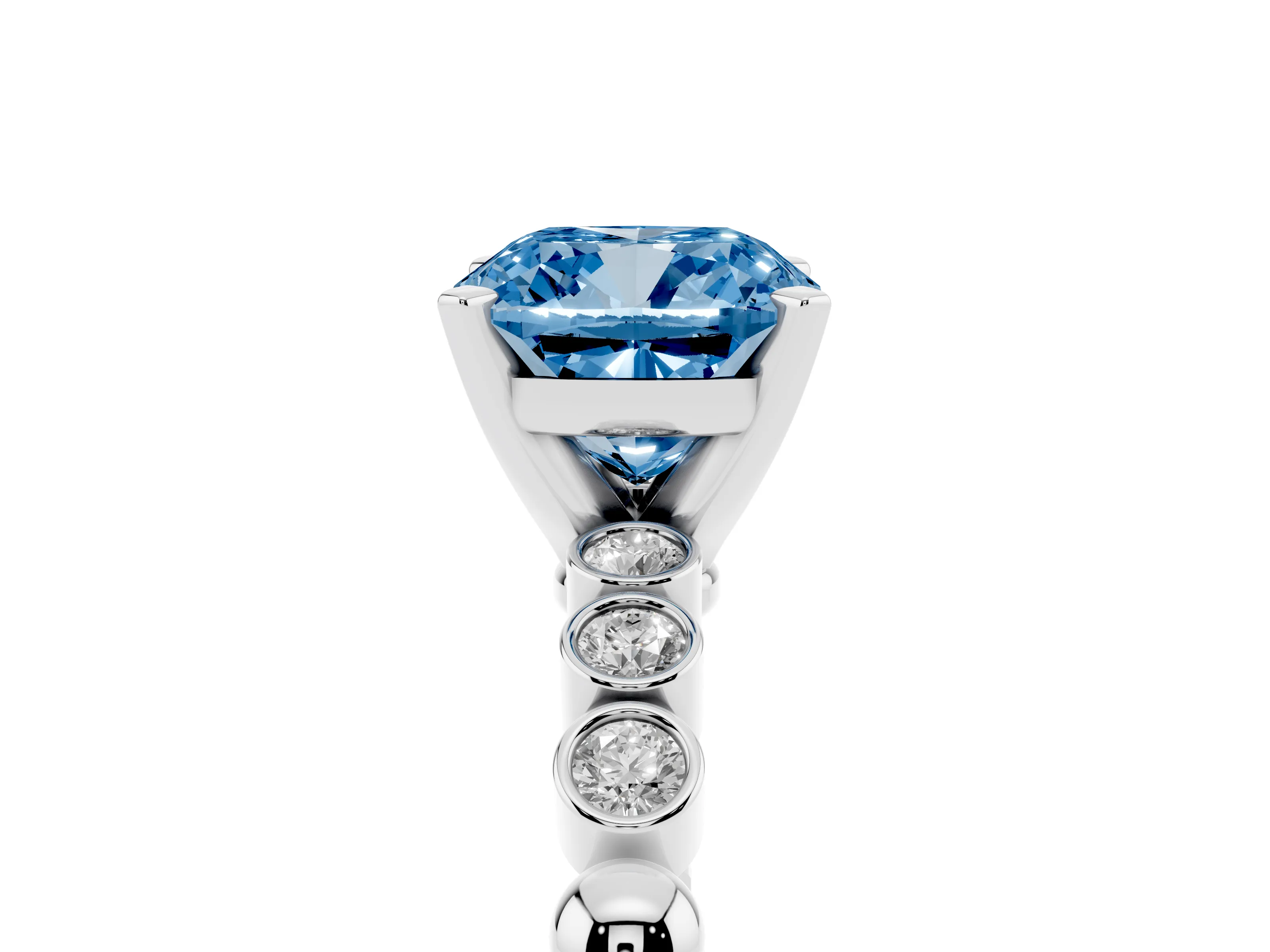 Fancy Blue Cushion Cut Diamond Solitaire Engagement Ring Set in White gold with Bezel Accents on Beaded Band