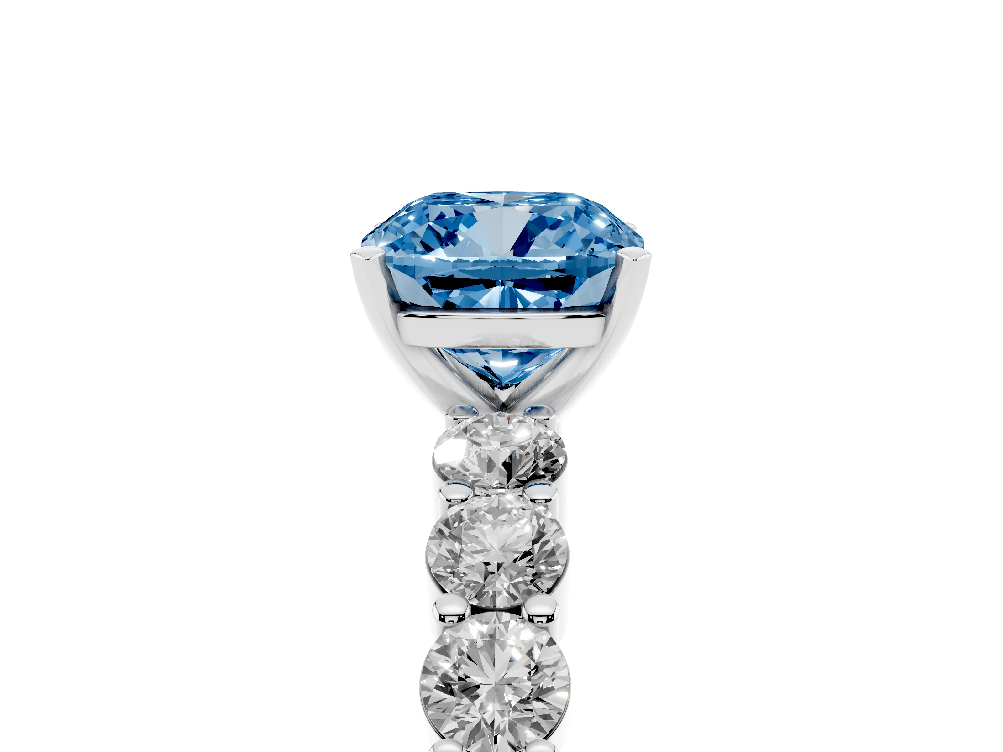 Fancy Blue Cushion Cut Diamond Solitaire Ring Set in White gold with Shared Prong Round Side Stones