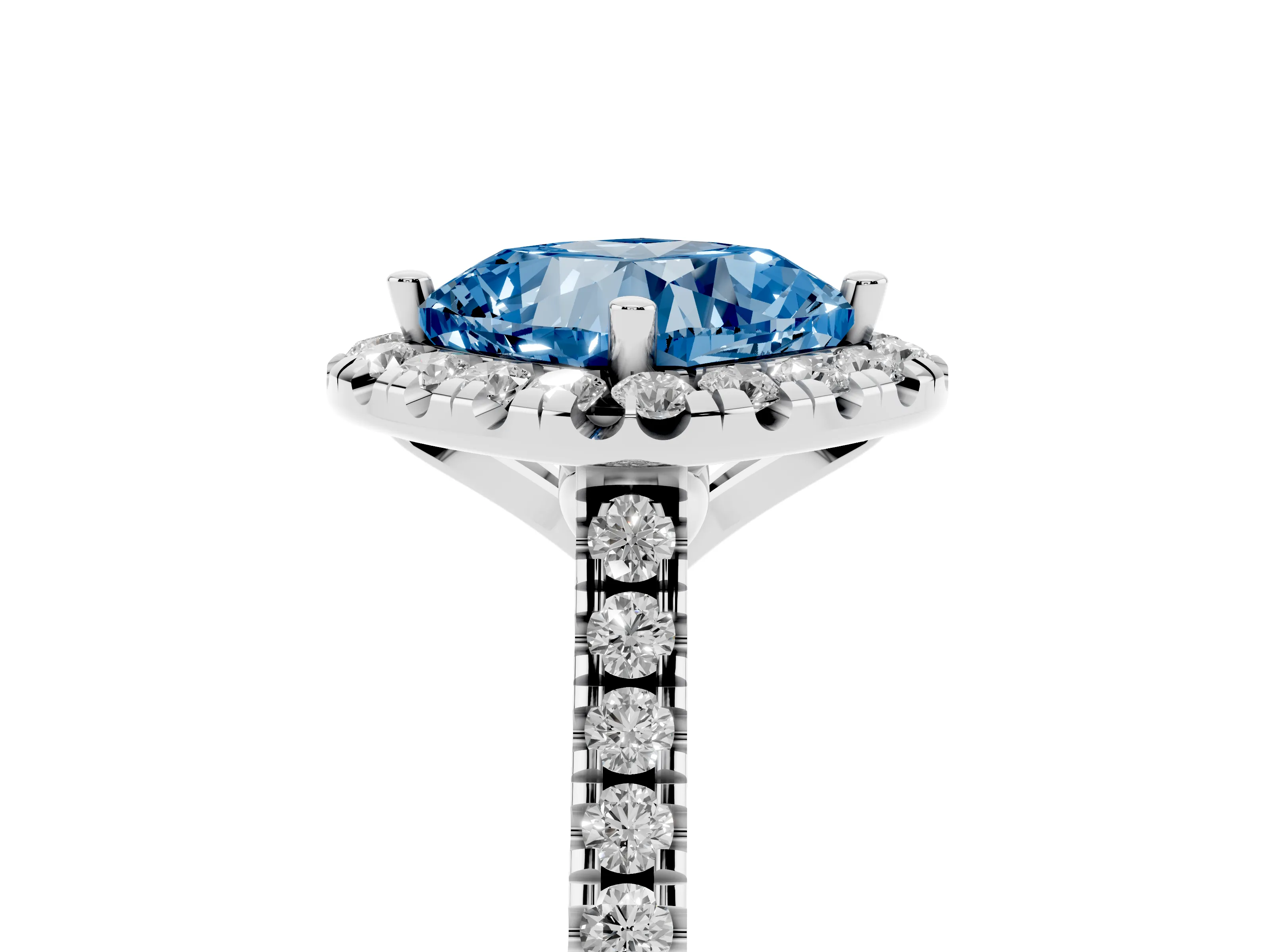 Fancy Blue Cushion Cut Diamond Cushion Halo Ring Set in White gold with Pavé Band