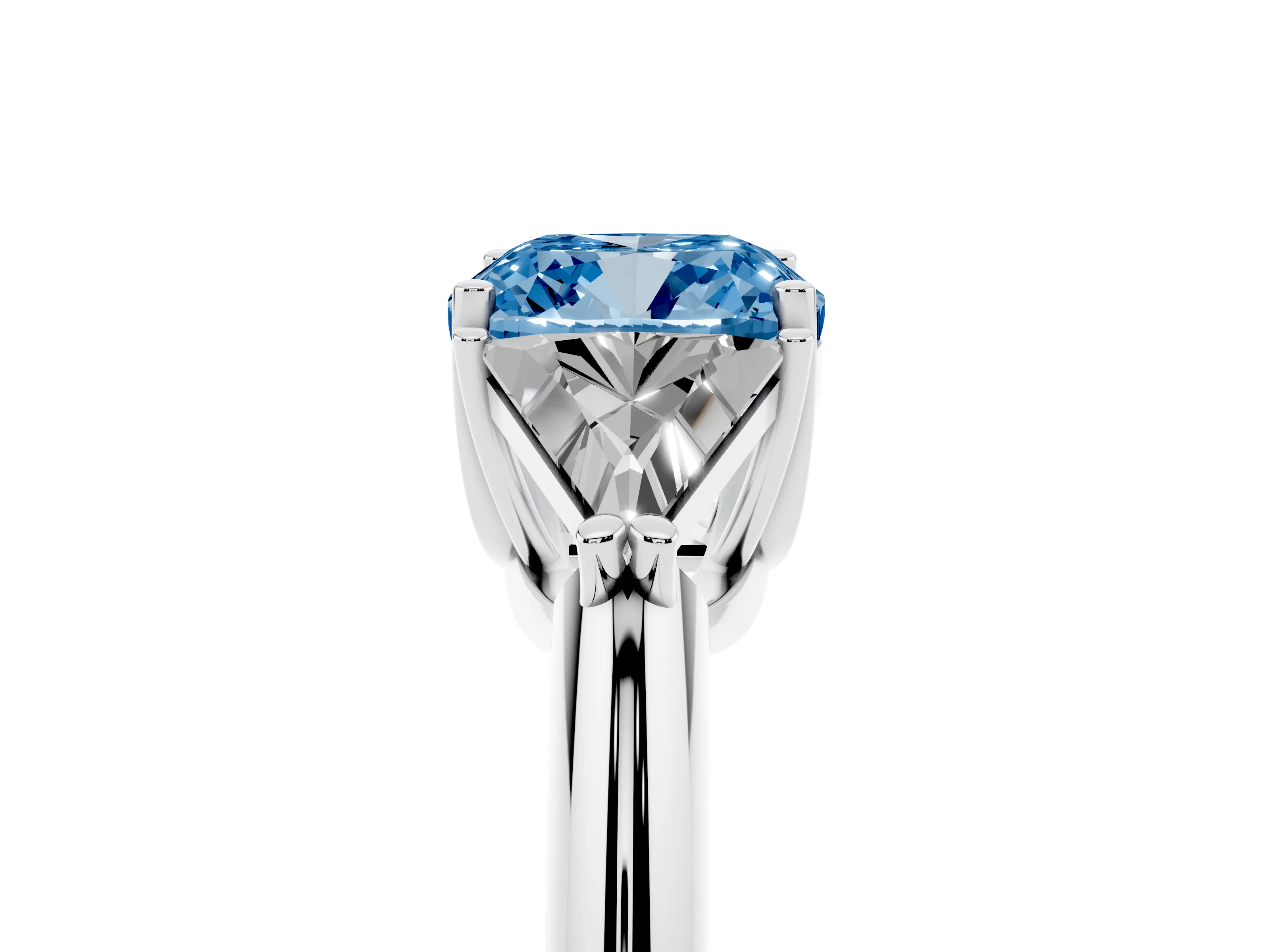 Fancy Blue Cushion Cut Diamond Three-Stone Engagement Ring Set in Silver with Trillion Side Stones