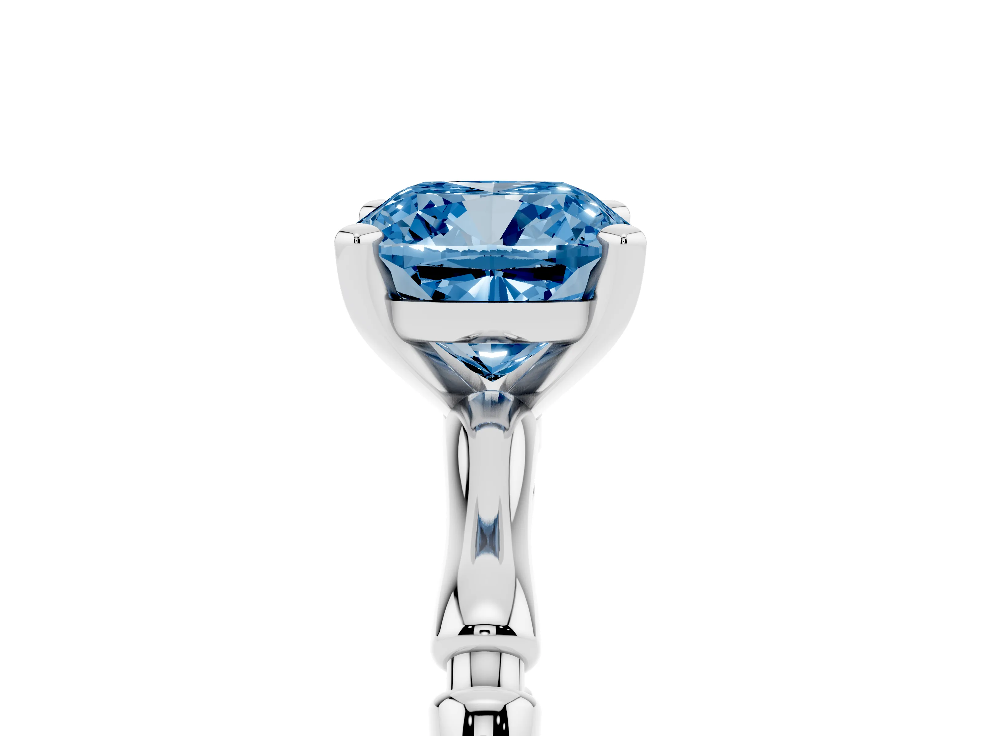 Fancy Blue Cushion Cut Diamond Solitaire Ring Set in White gold with Bamboo Band and Prong Setting