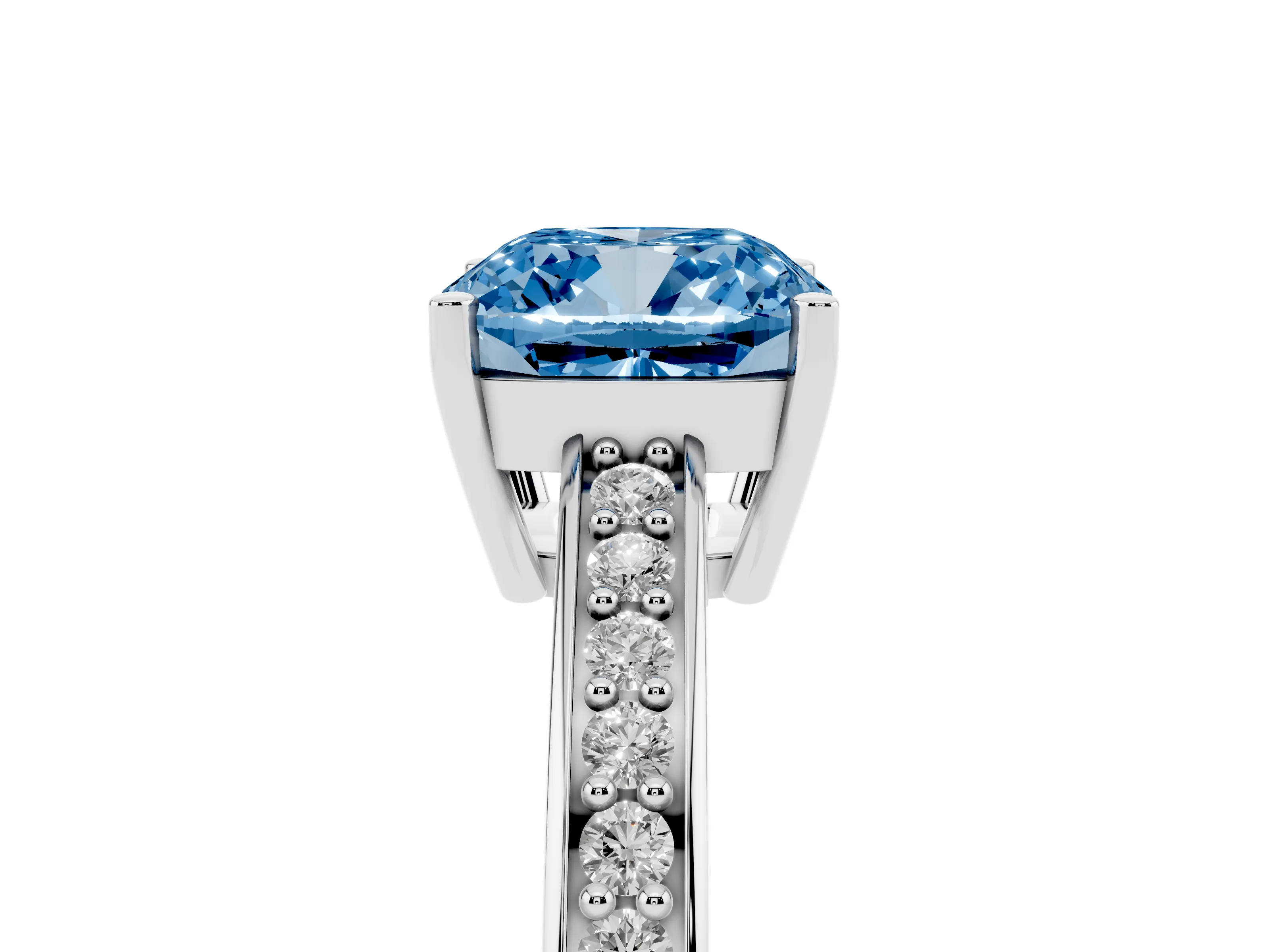 Fancy Blue Cushion Cut Diamond Pavé Band Prong Set Solitaire Ring Set in White gold