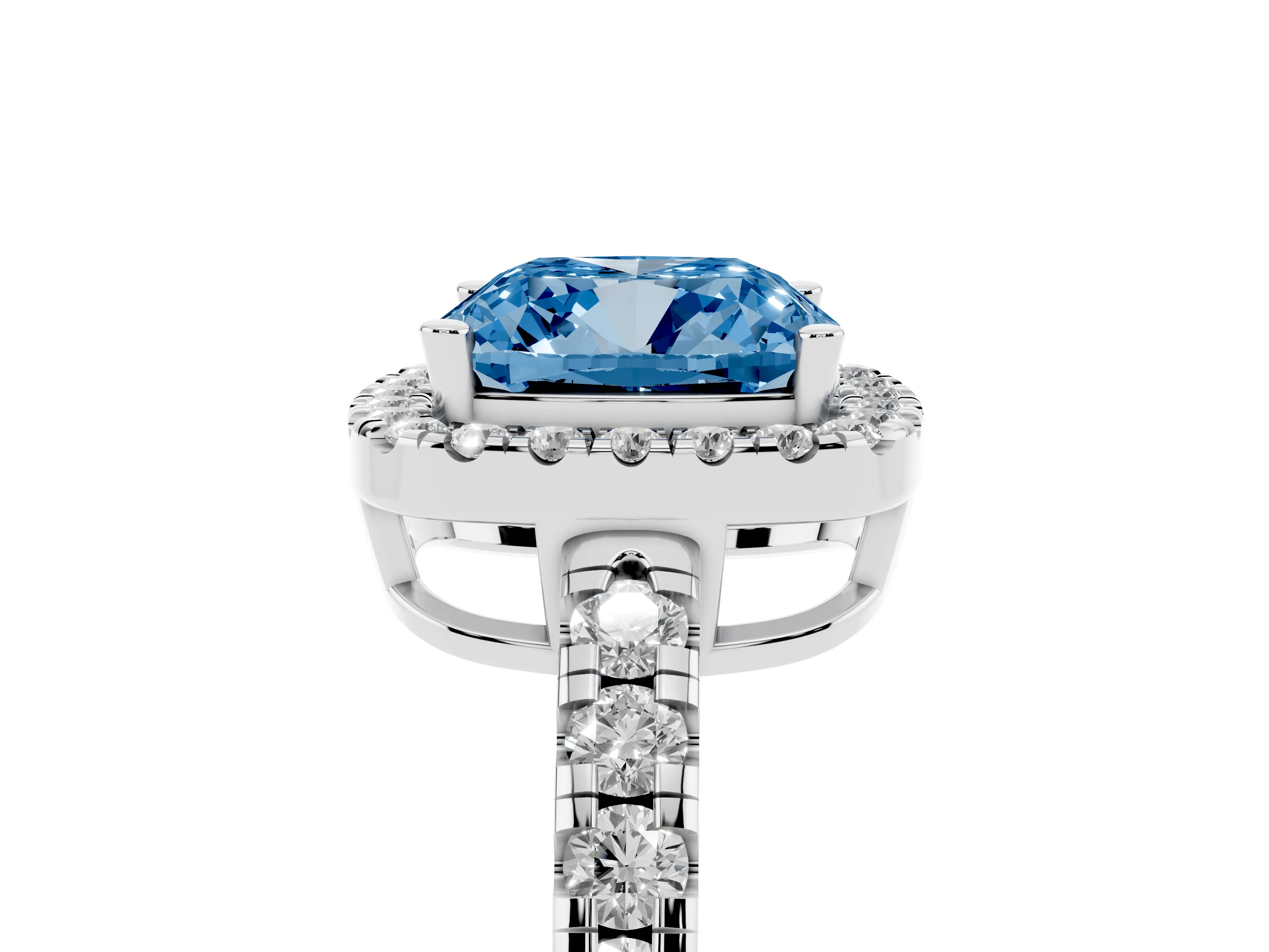 Fancy Blue Cushion Cut Diamond Halo Ring Set in White gold with Delicate Pavé Band and Prong Setting
