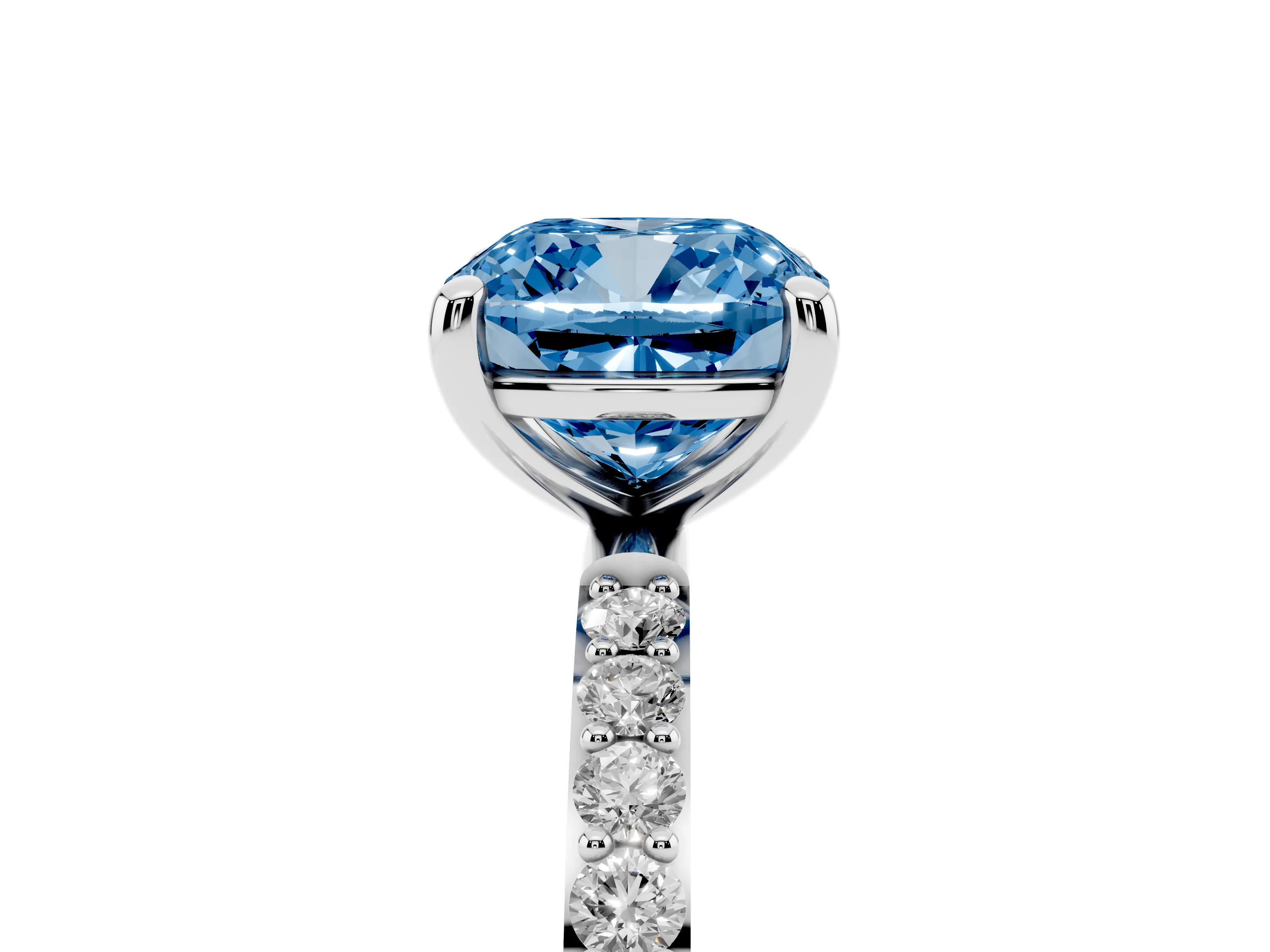 Fancy Blue Cushion Cut Diamond Solitaire Ring Set in Platinum with Round Pavé Band and Prong Setting
