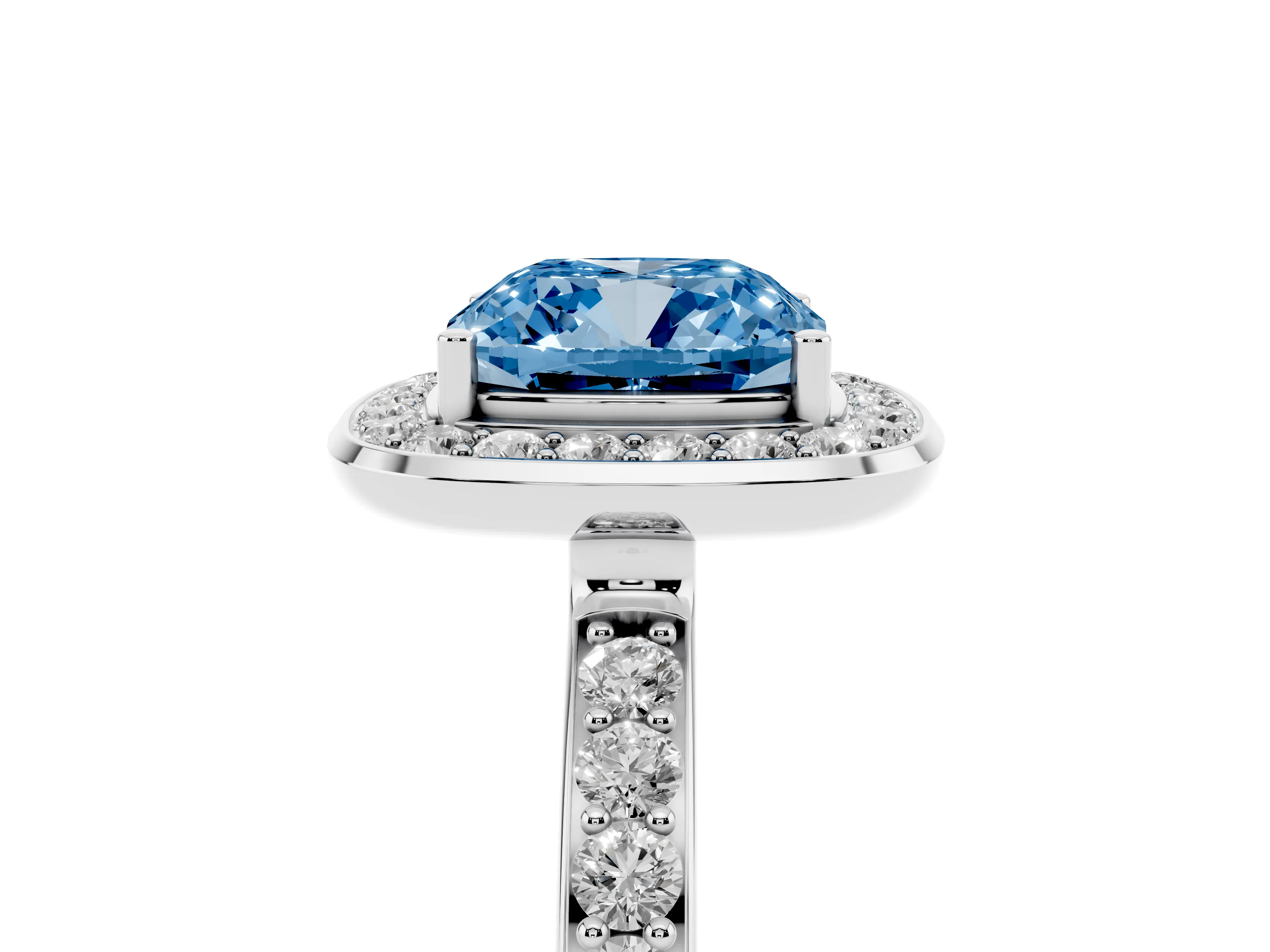 Fancy Blue Cushion Cut Diamond Halo Ring Set in Silver with Bezel Frame and Pavé Band