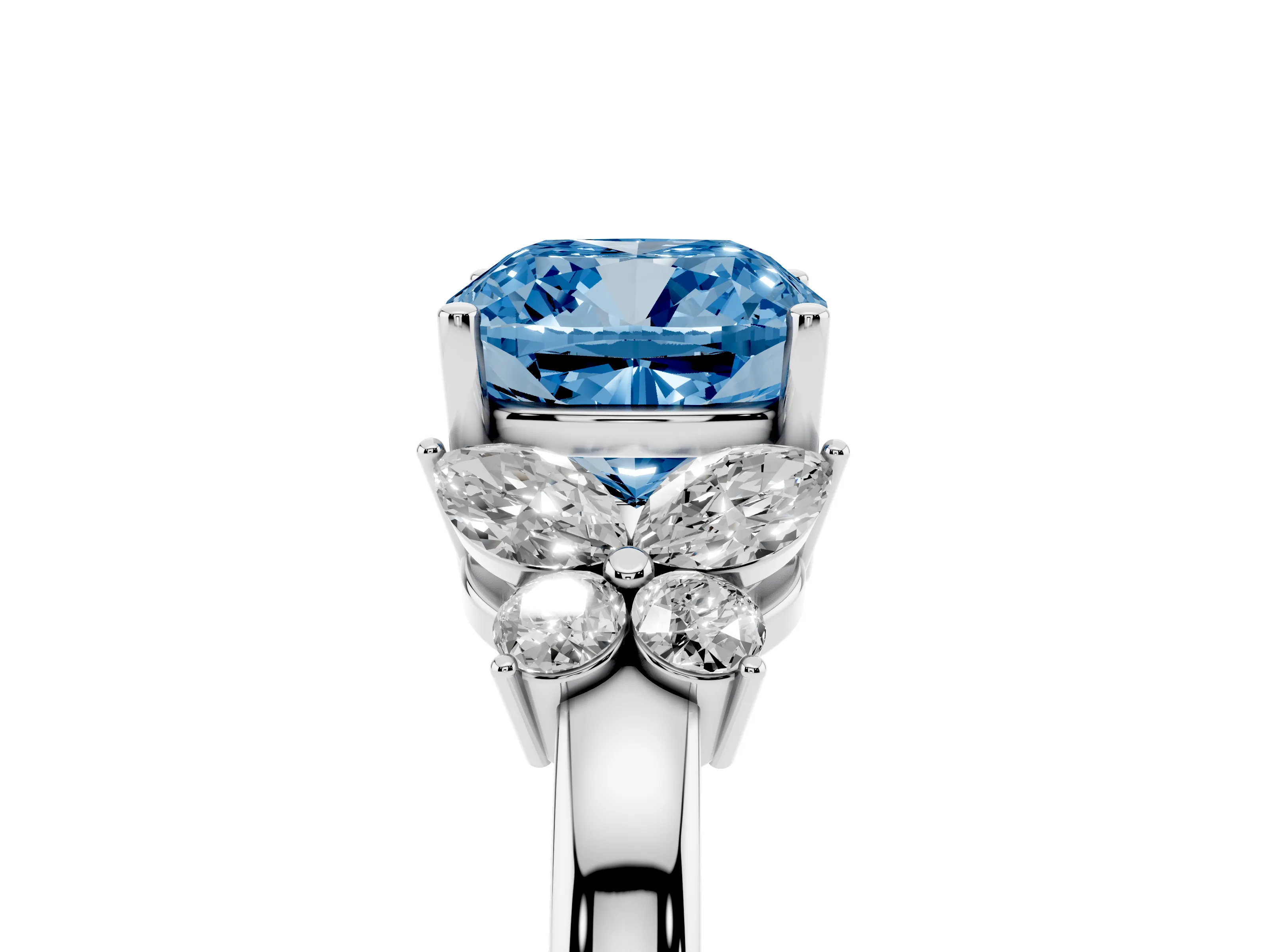 Fancy Blue Cushion Cut Diamond Solitaire Floral Ring Set in Platinum with Marquise Petals and Prong Setting