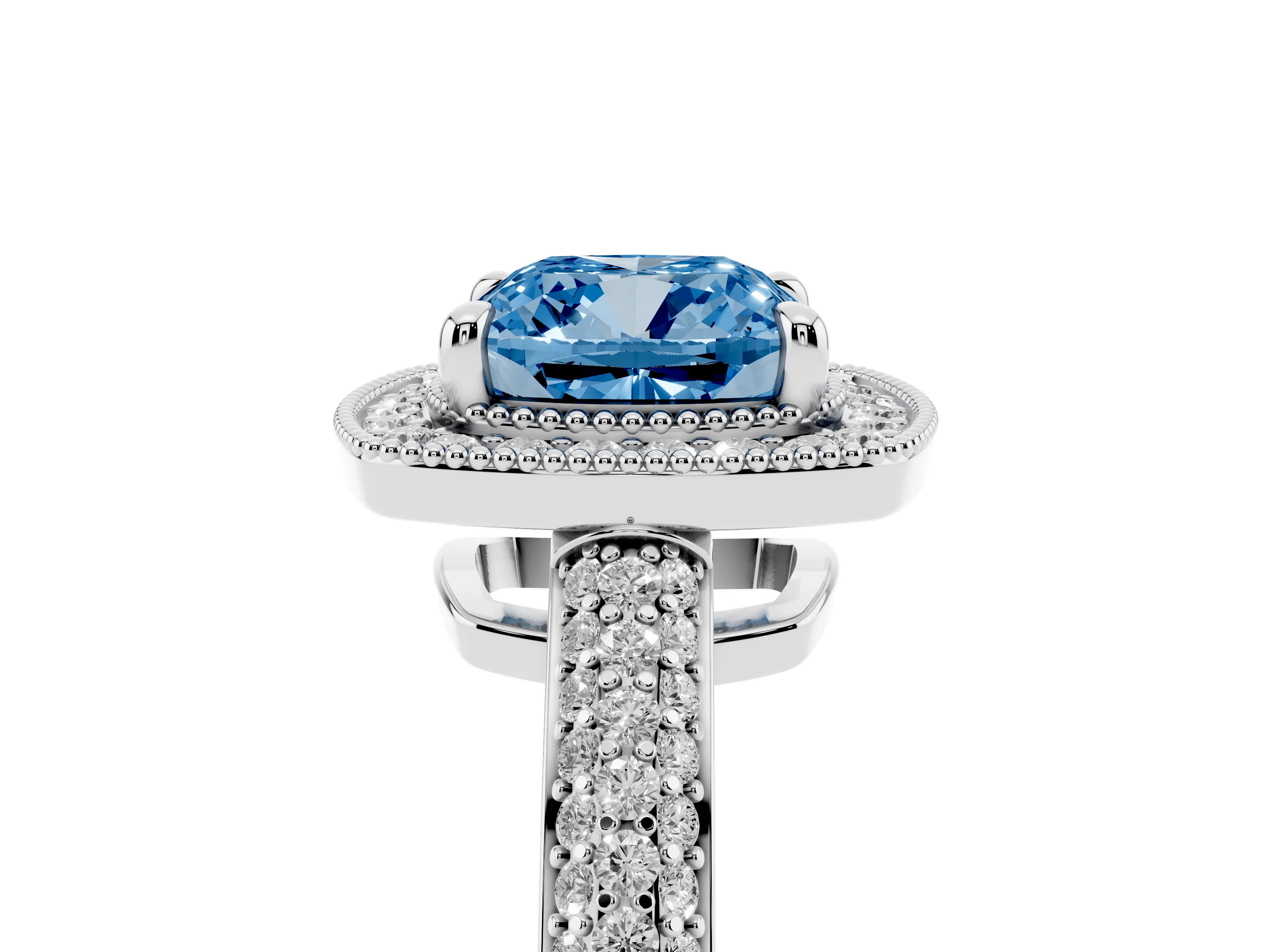 Fancy Blue Cushion Cut Diamond Halo Pavé Band Set in Platinum with Prong Setting