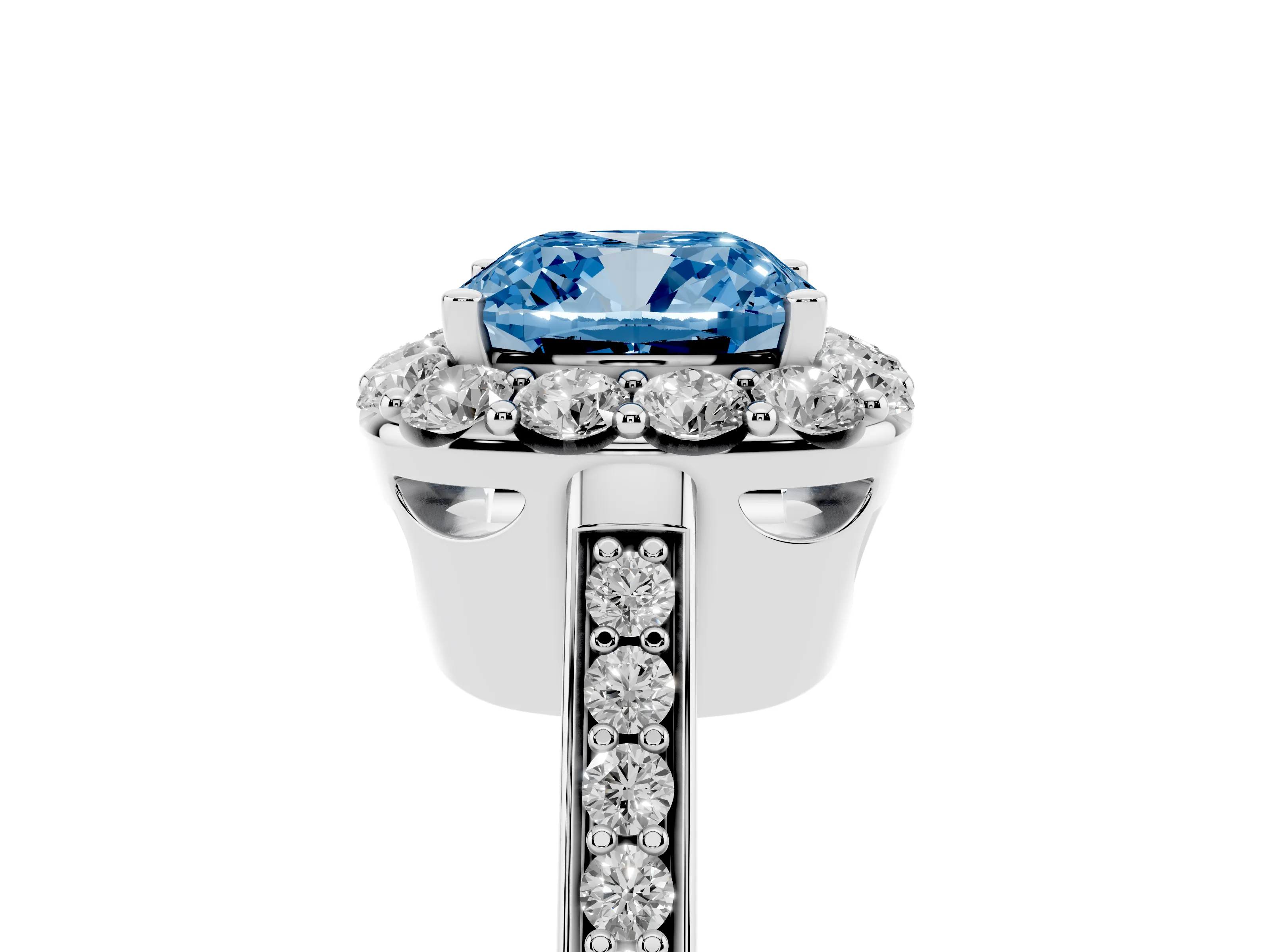 Fancy Blue Cushion Cut Diamond Floral Halo Ring Set in White gold with Pavé Band and Prong Setting