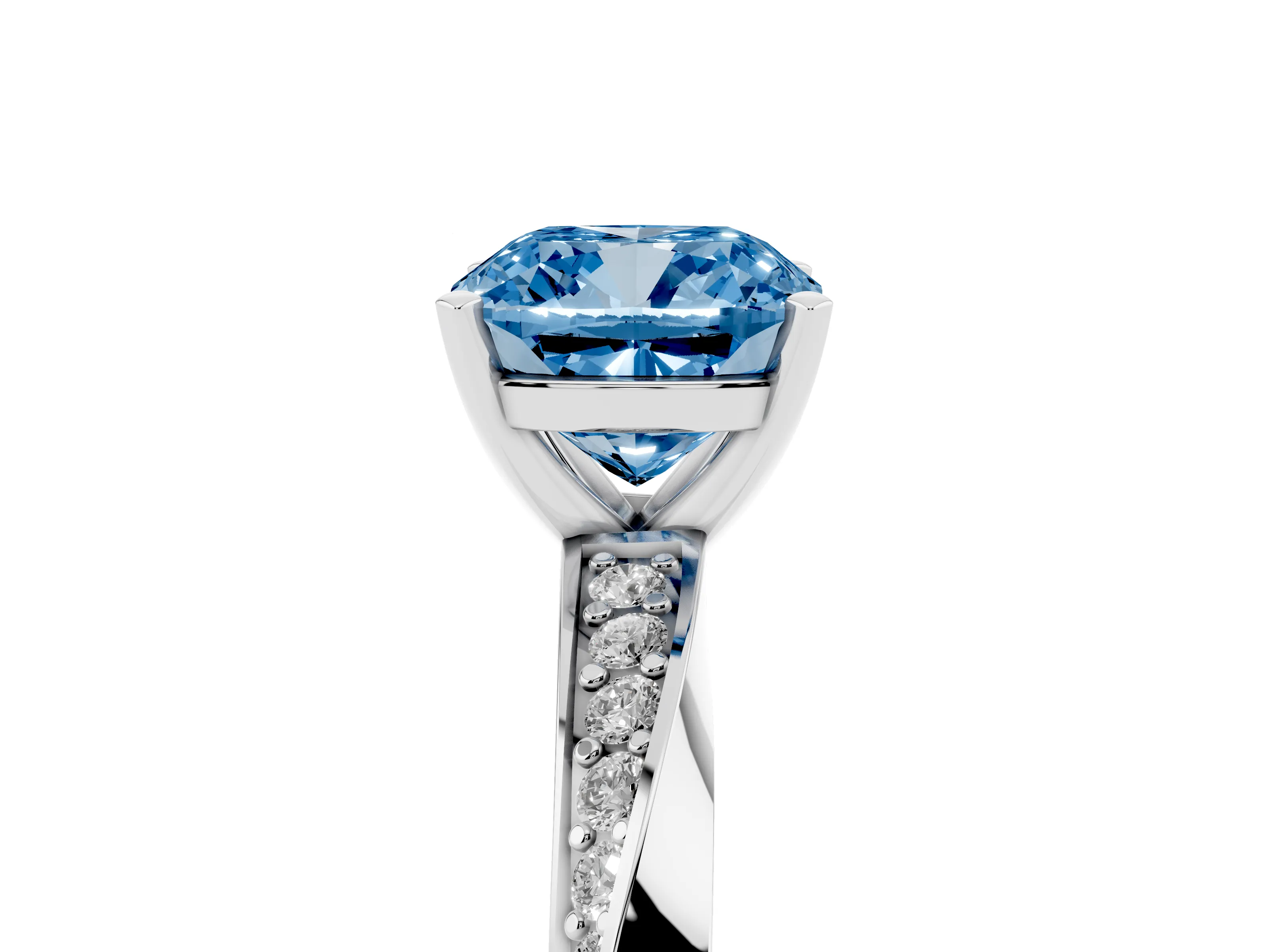 Fancy Blue Cushion Cut Diamond Engagement Ring Set in White gold with Side Stone Accents and Prong Setting
