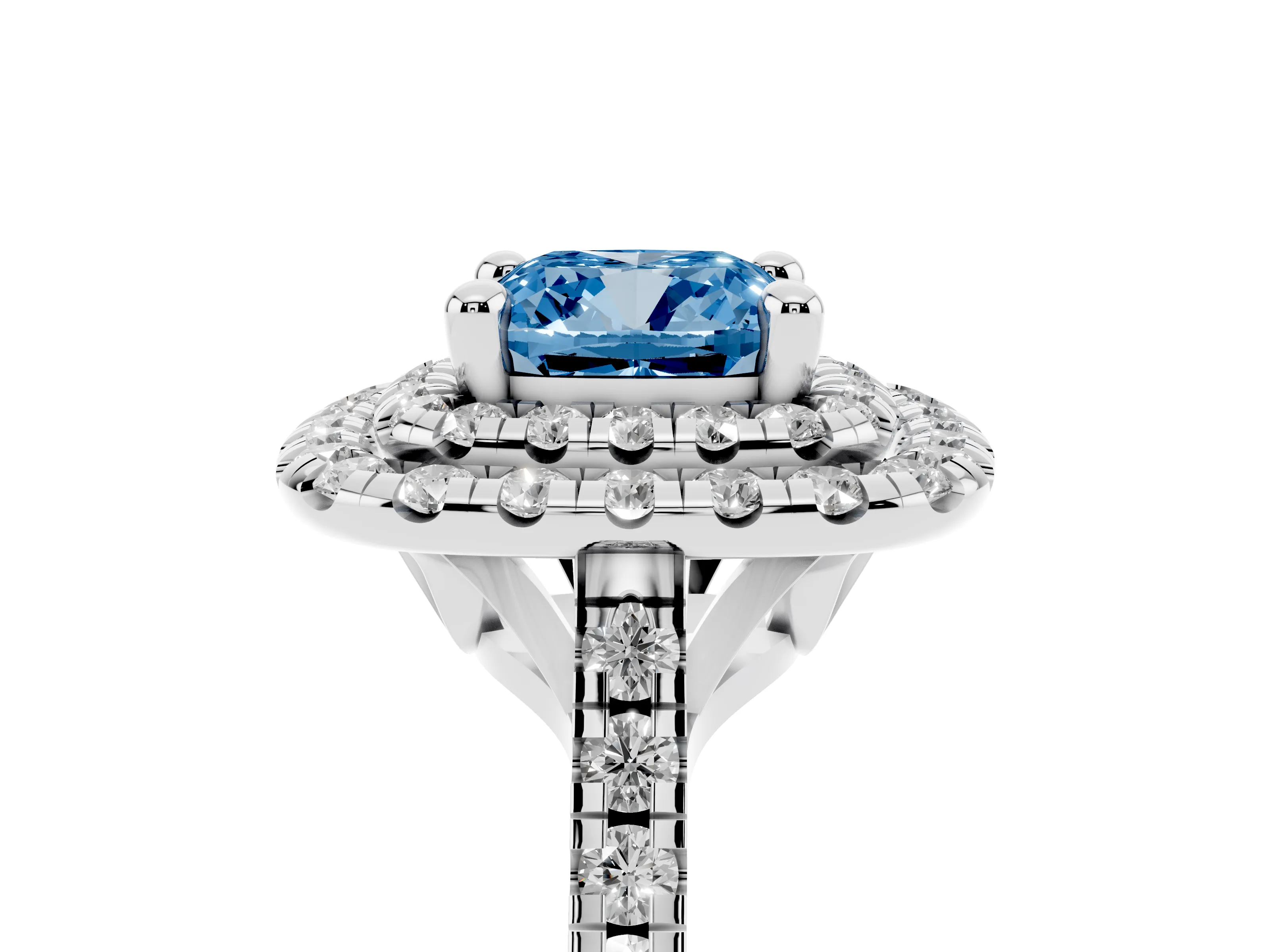 Fancy Blue Cushion Cut Diamond Double Halo Statement Ring Set in Platinum with Pavé Band