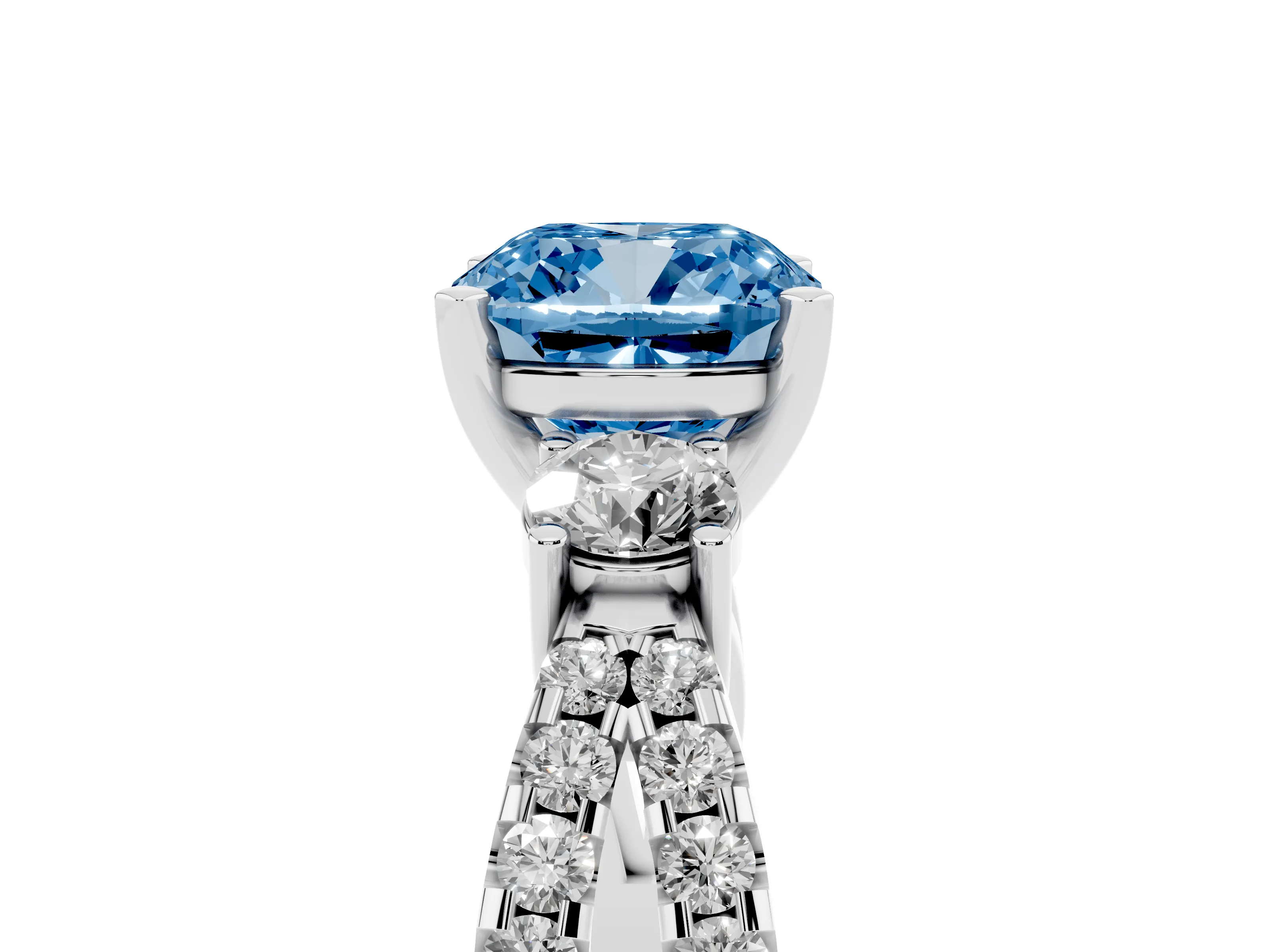Fancy Blue Cushion Cut Diamond Three-Stone Ring Set in Platinum with Pavé Split Shank and Prong Setting