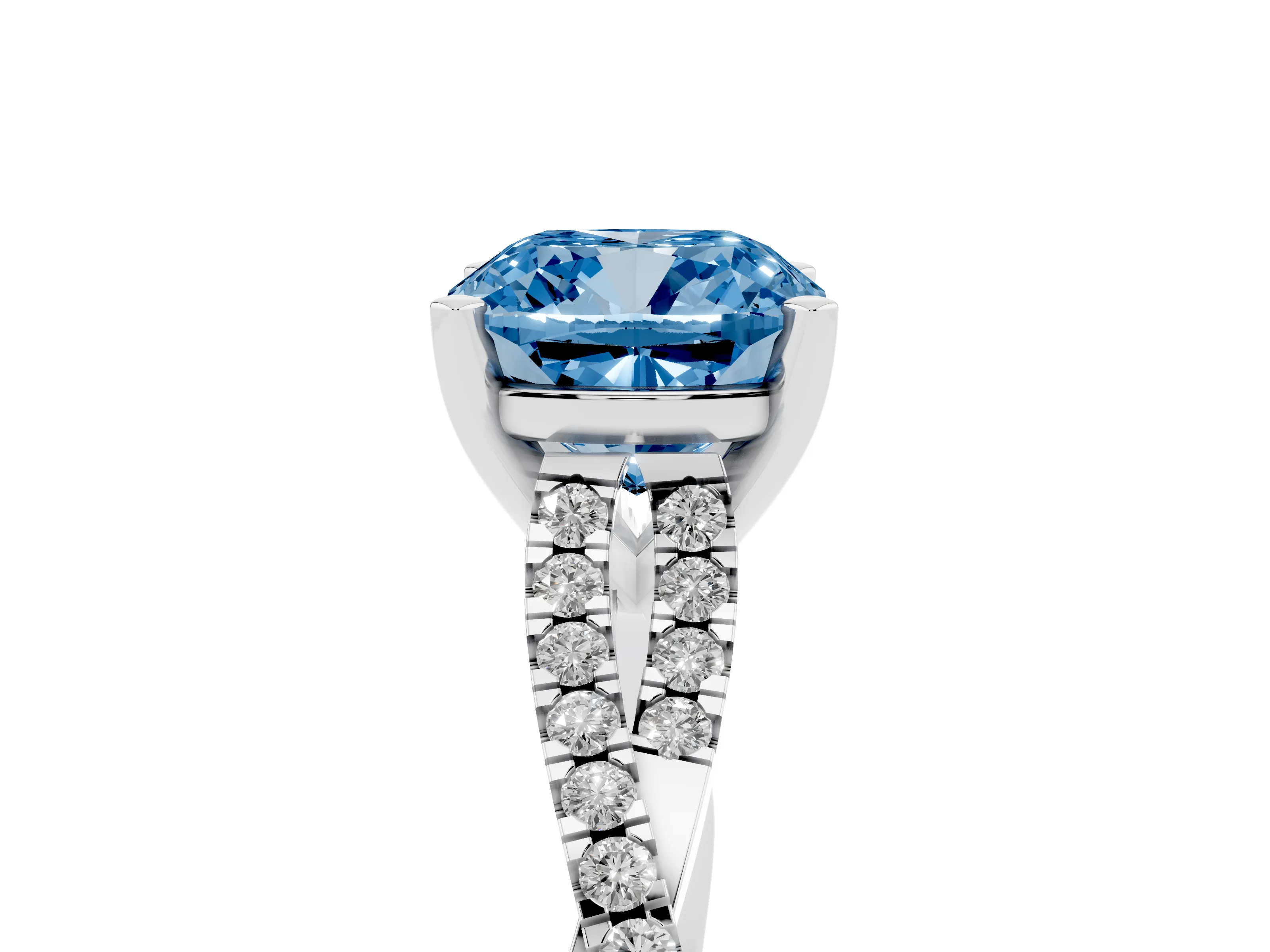 Fancy Blue Cushion Cut Diamond Solitaire Engagement Ring Set in Silver with Twisted Pavé Band and Prong Setting