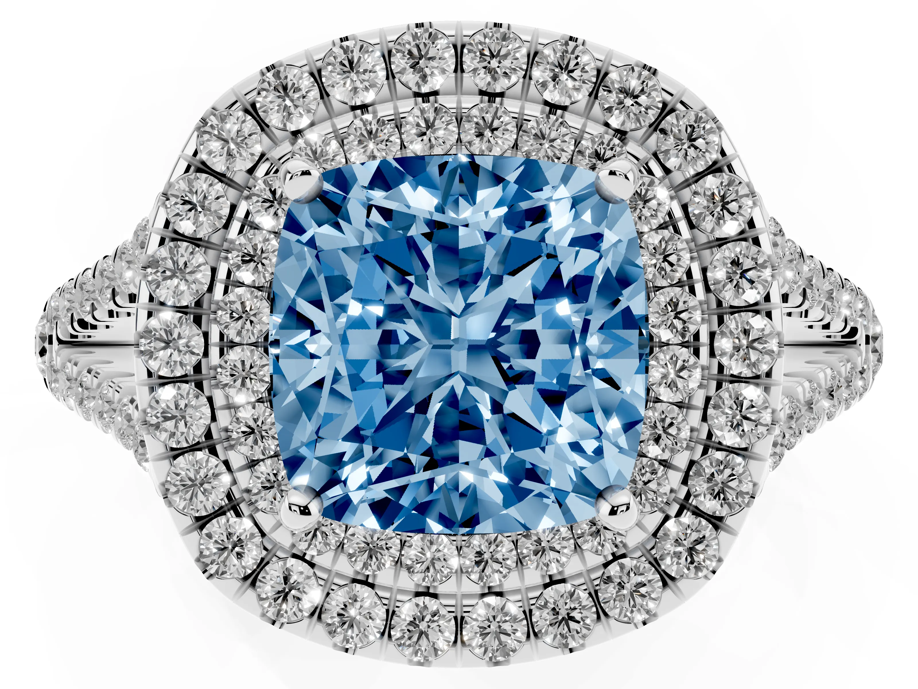 Fancy Blue Cushion Cut Diamond Double Halo Ring Set in Silver with Pavé Band