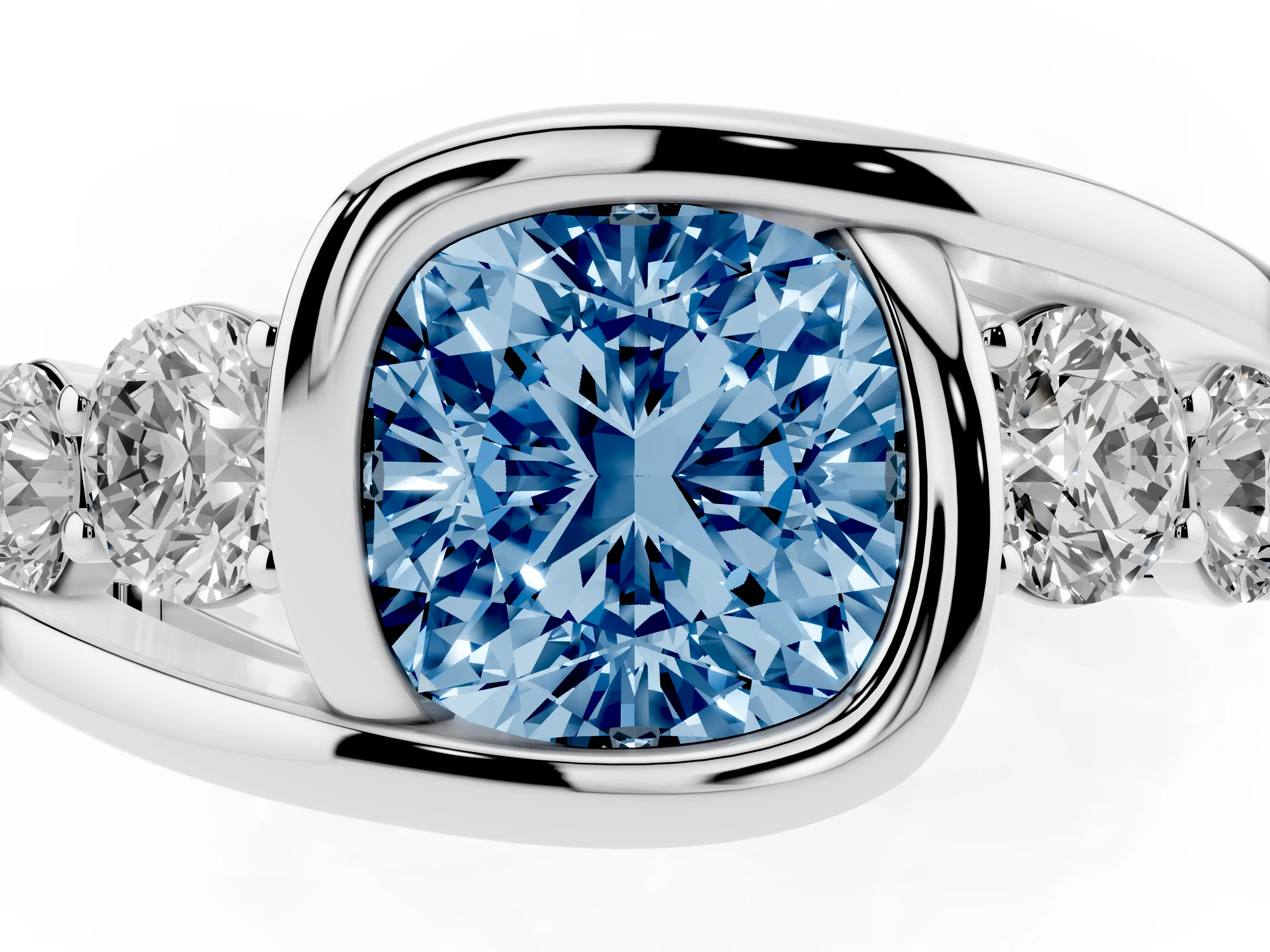 Fancy Blue Cushion Cut Diamond Bezel Bypass Ring Set in Silver with Round Accents