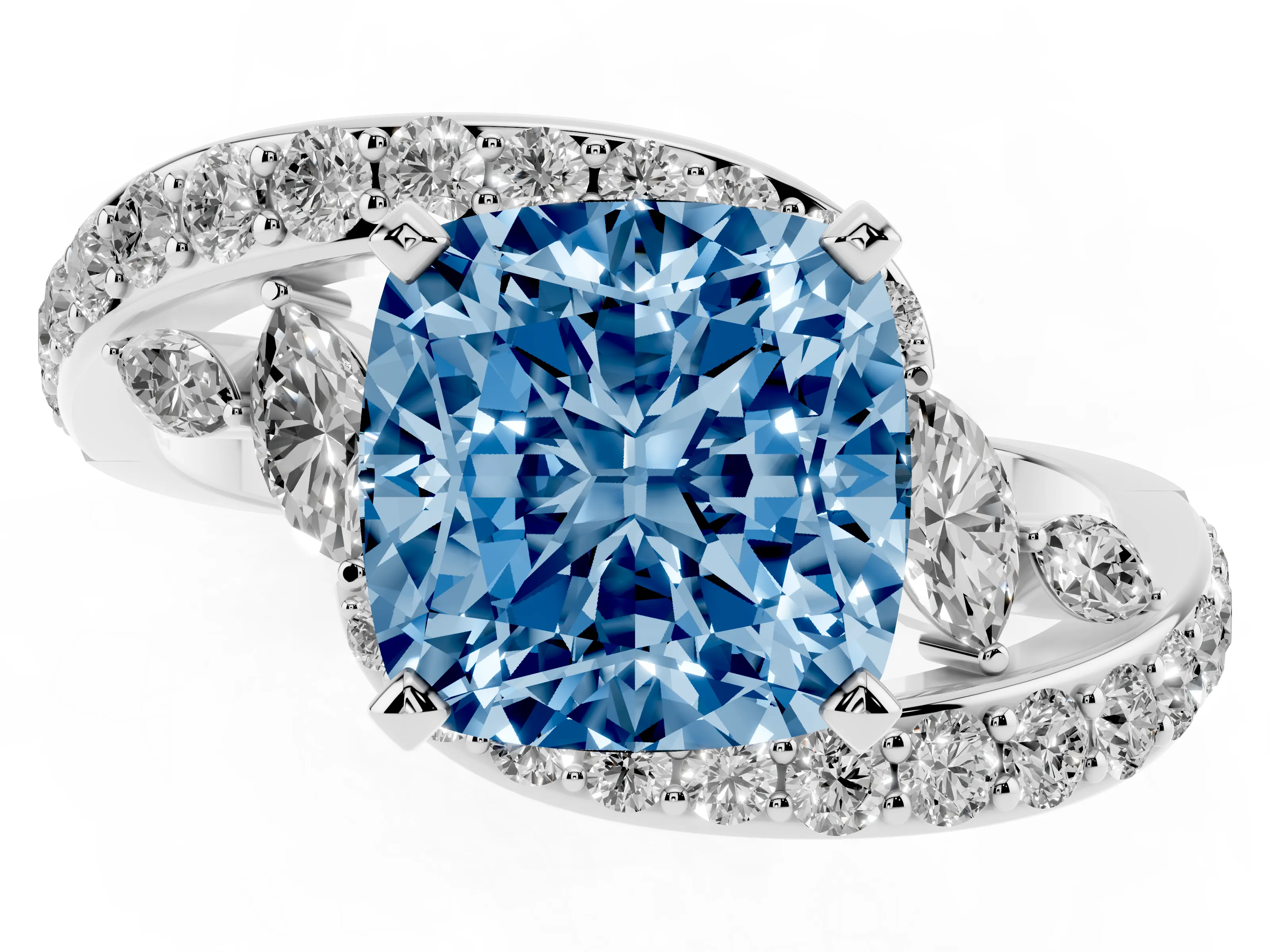 Fancy Blue Cushion Cut Diamond Solitaire Ring Set in Silver with Filigree Band and Prong Setting