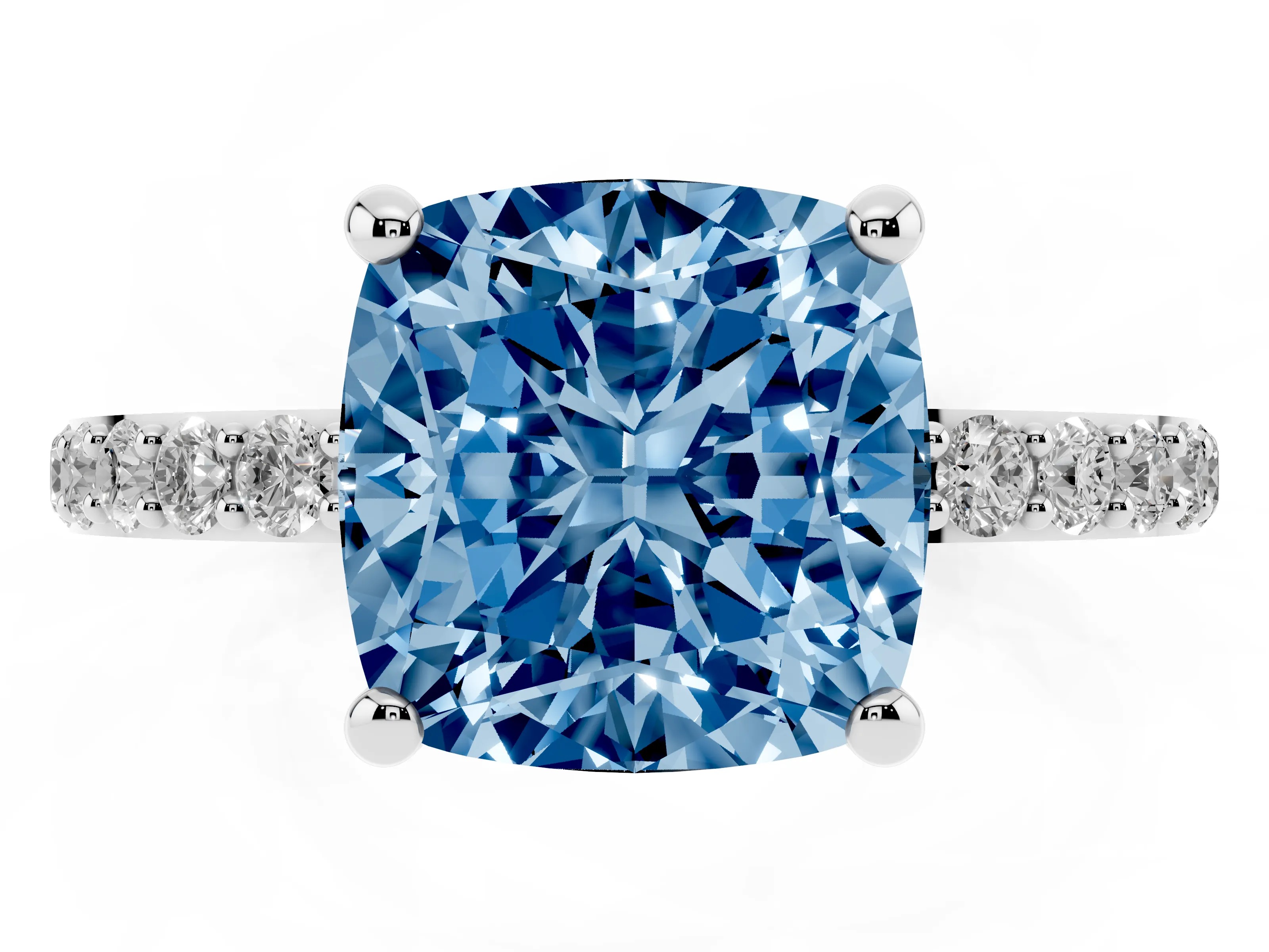 Fancy Blue Cushion Cut Diamond Solitaire Ring Set in Platinum with Round Pavé Band and Prong Setting