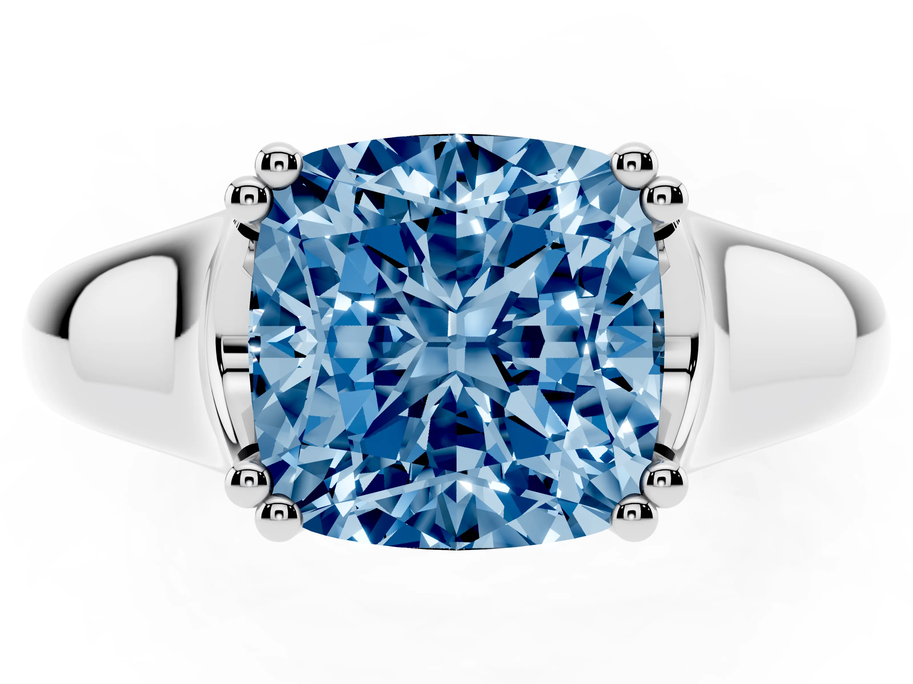 Fancy Blue Cushion Cut Diamond Solitaire Ring Set in Platinum with Wide Band and Prong Setting