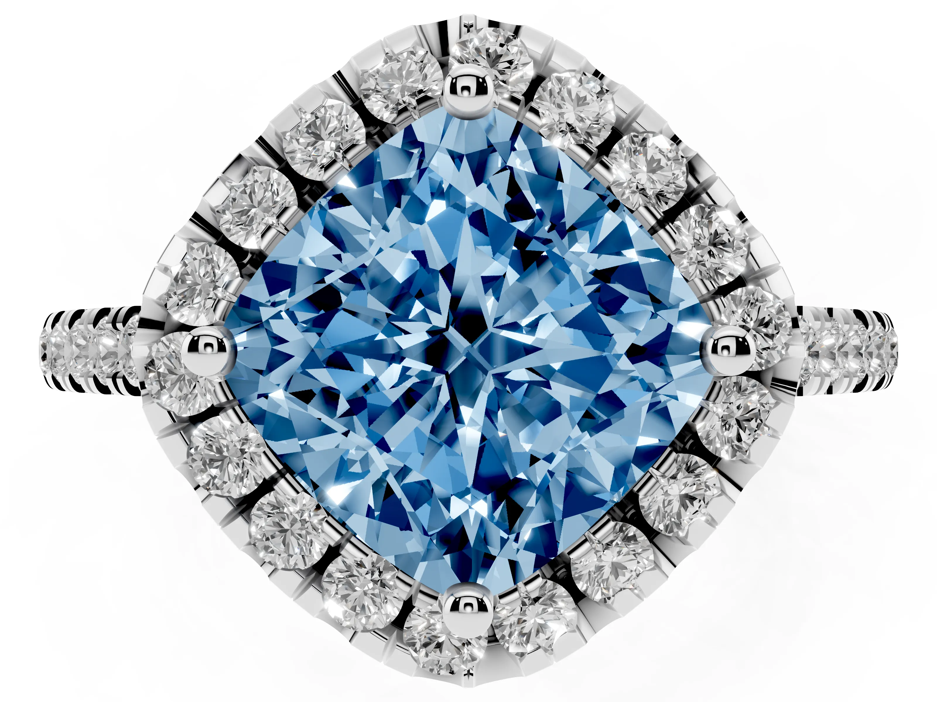 Fancy Blue Cushion Cut Diamond Cushion Halo Ring Set in White gold with Pavé Band