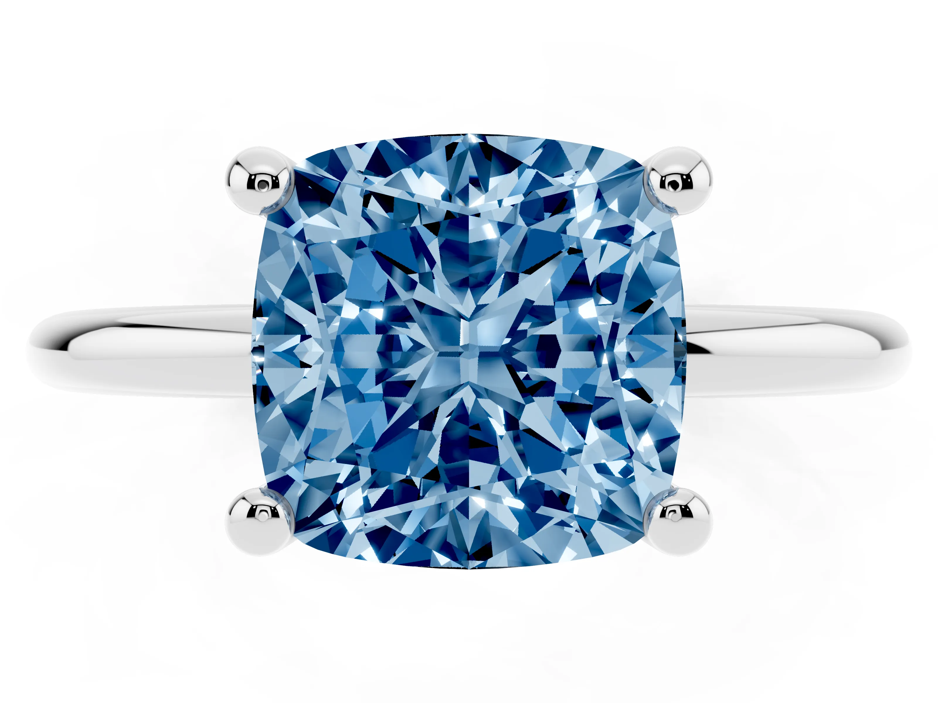 Fancy Blue Cushion Cut Diamond Solitaire Ring Set in White gold with Secure Prong Setting on a Classic Band