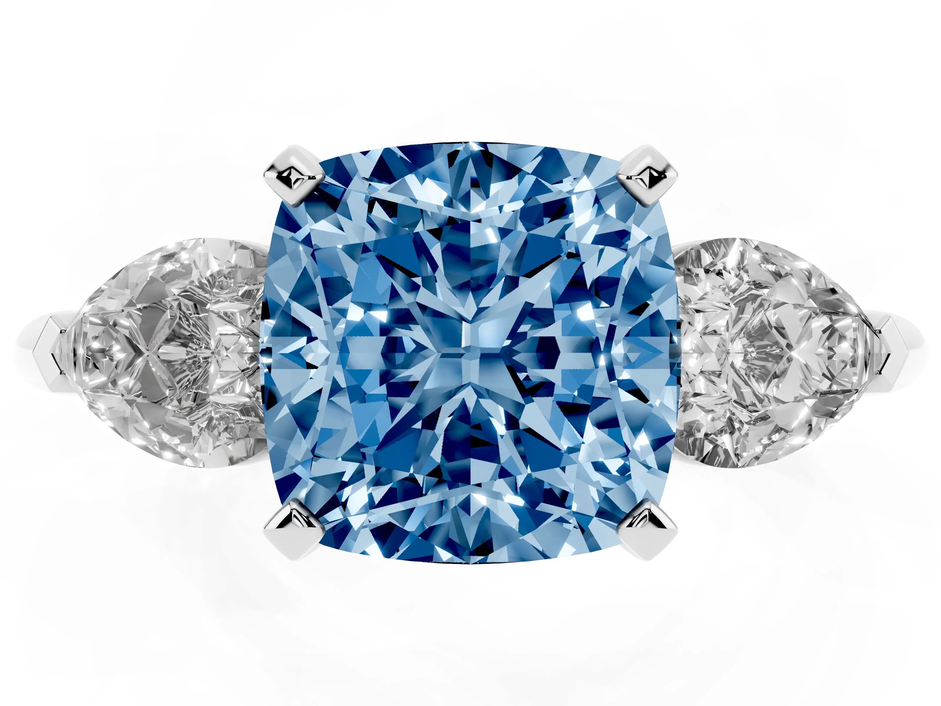 Fancy Blue Three-Stone Cushion Cut Diamond Ring Set in Silver with Pear Side Stones and Prong Setting