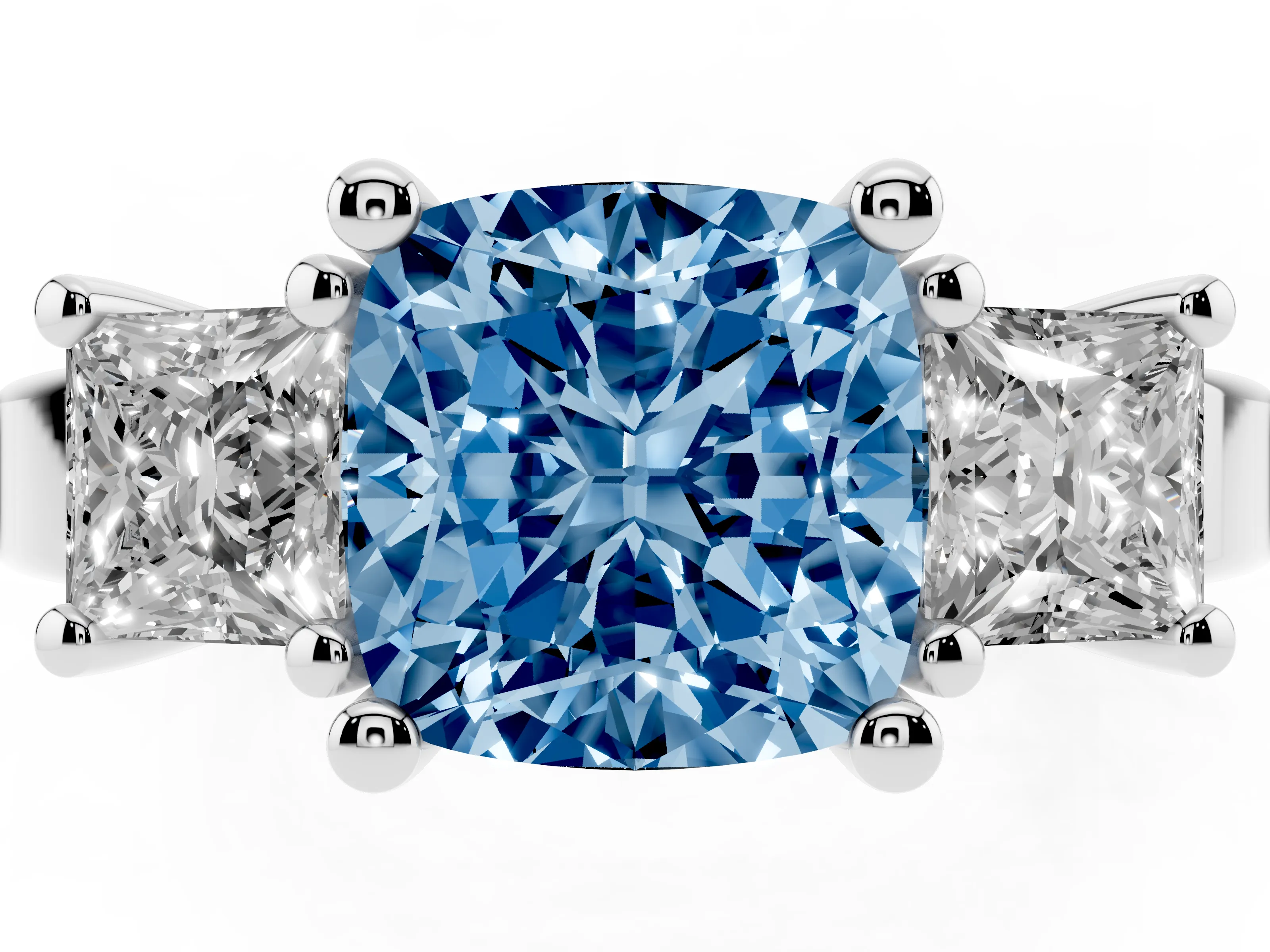 Fancy Blue Three-Stone Cushion Cut Diamond Solitaire Ring Set in Silver with Prong Setting