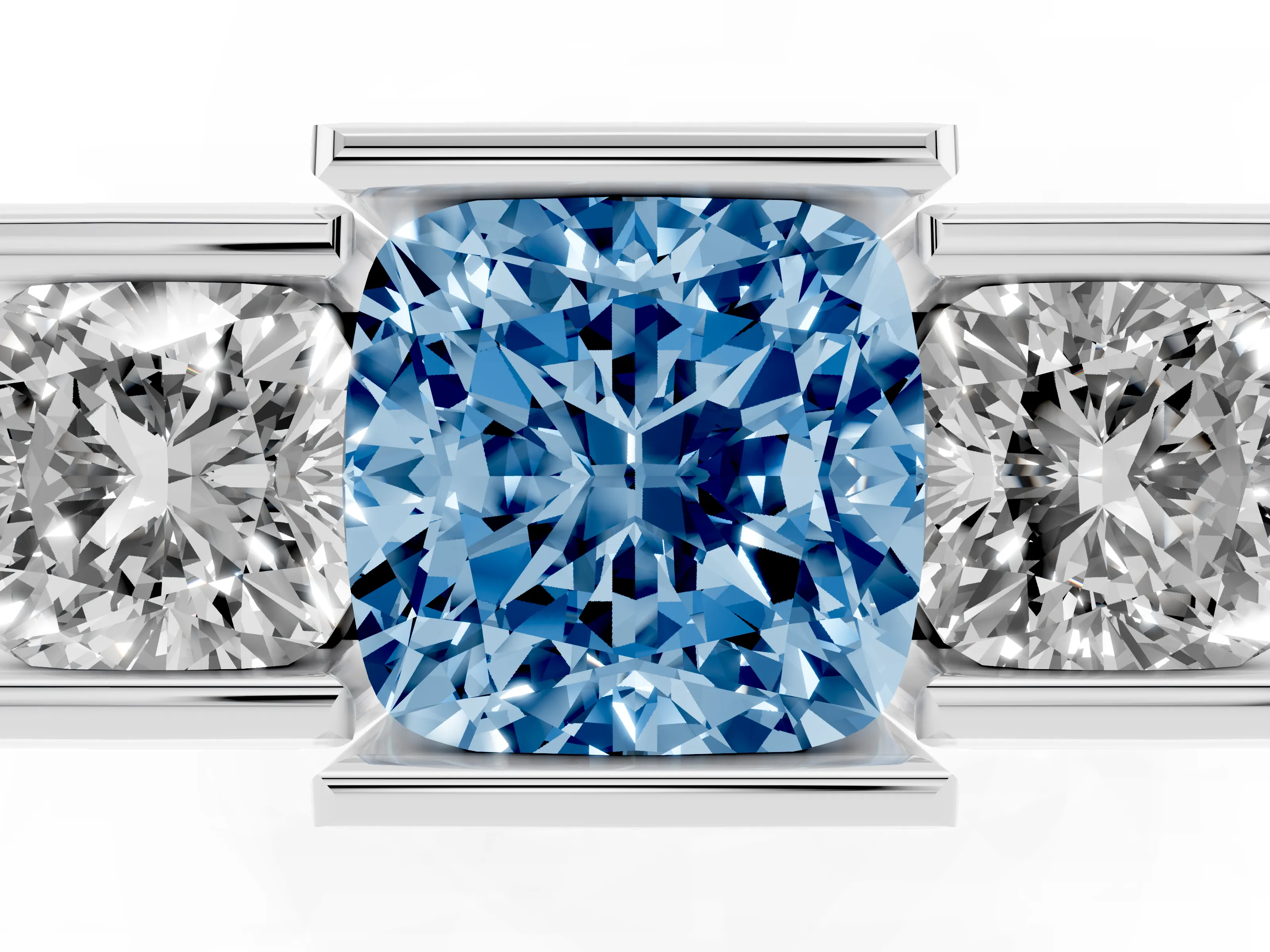 Fancy Blue Cushion Cut Diamond Three-Stone Channel Set Ring Set in Silver with Smooth Polished Band
