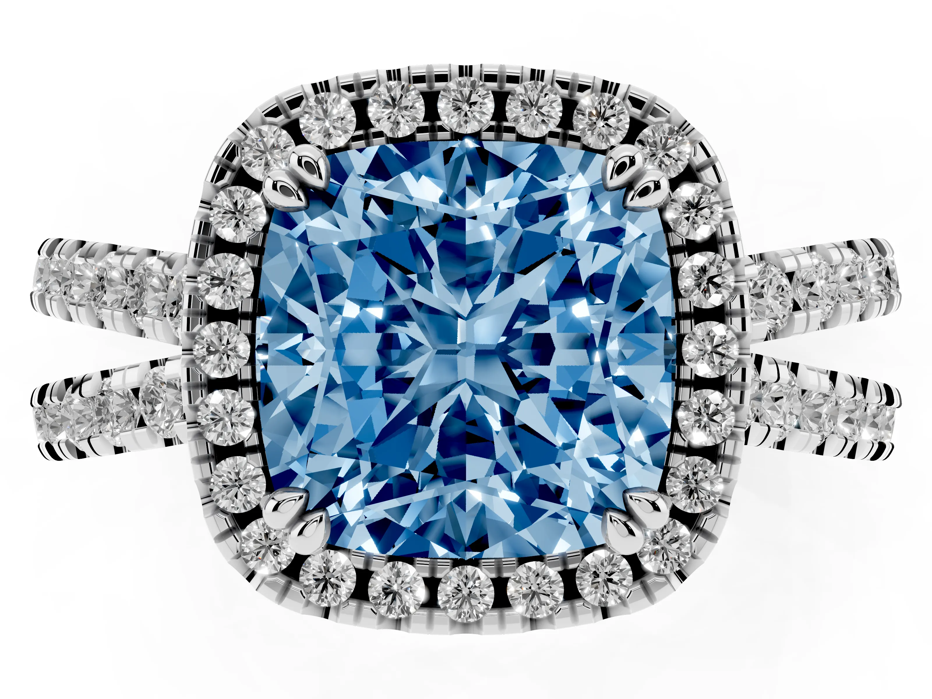 Fancy Blue Cushion Cut Diamond Halo Split Shank Ring Set in Platinum with Pavé Setting