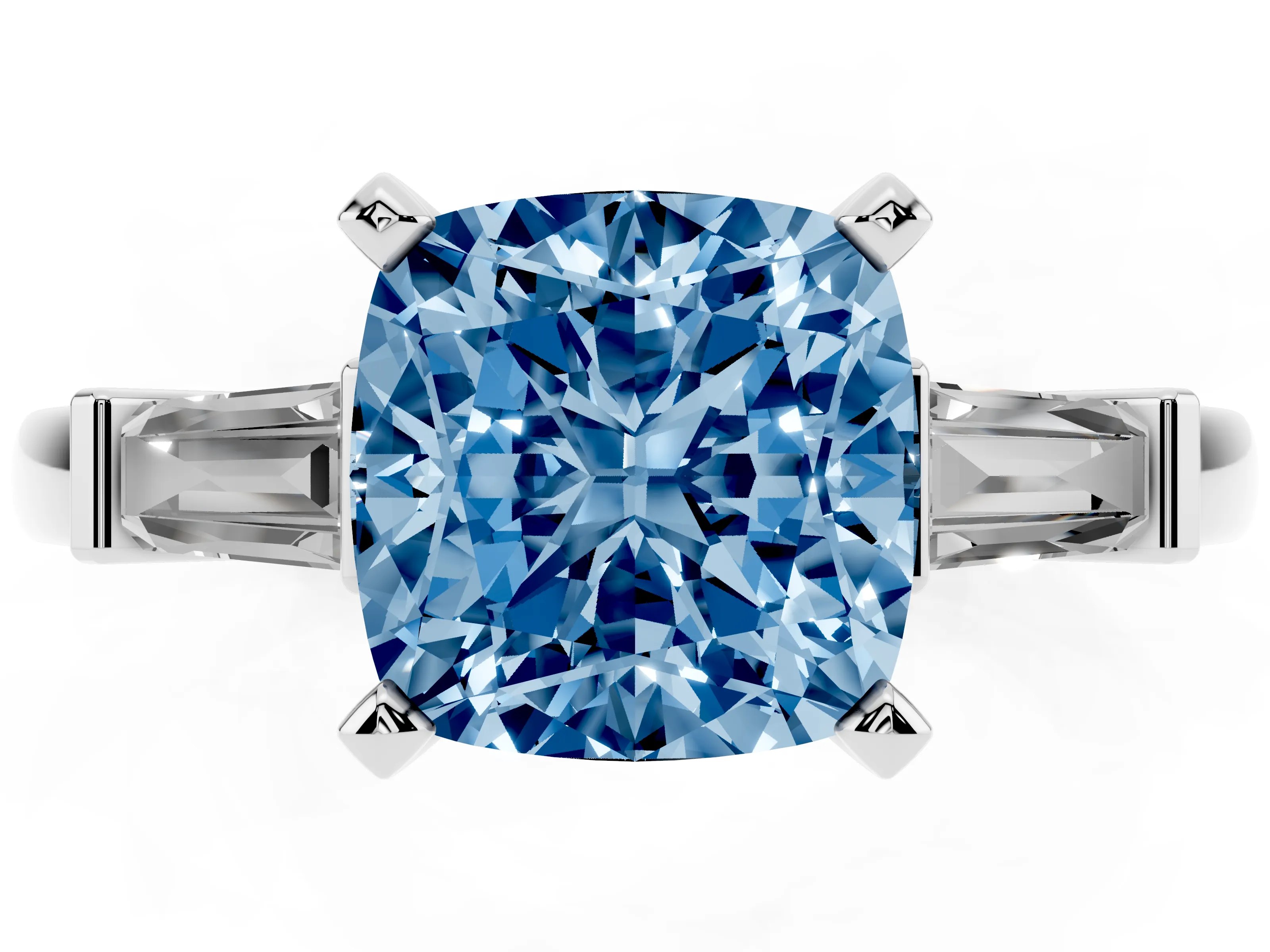 Fancy Blue Cushion Cut Diamond Solitaire Ring Set in Platinum with Tapered Baguette Accents and Prong Setting