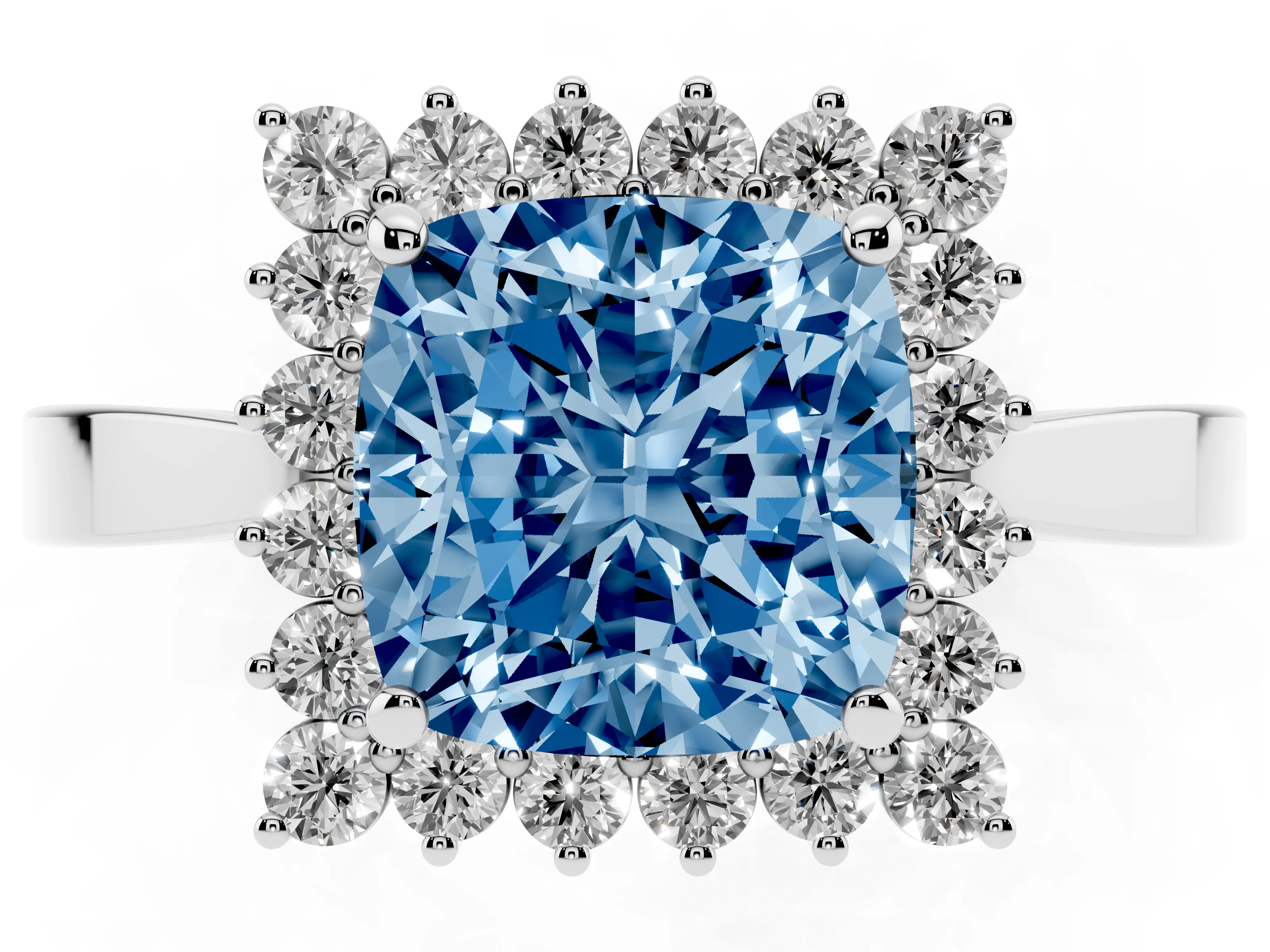 Fancy Blue Cushion Cut Diamond Halo Ring Set in White gold with Round Halo and Smooth Solitaire Band