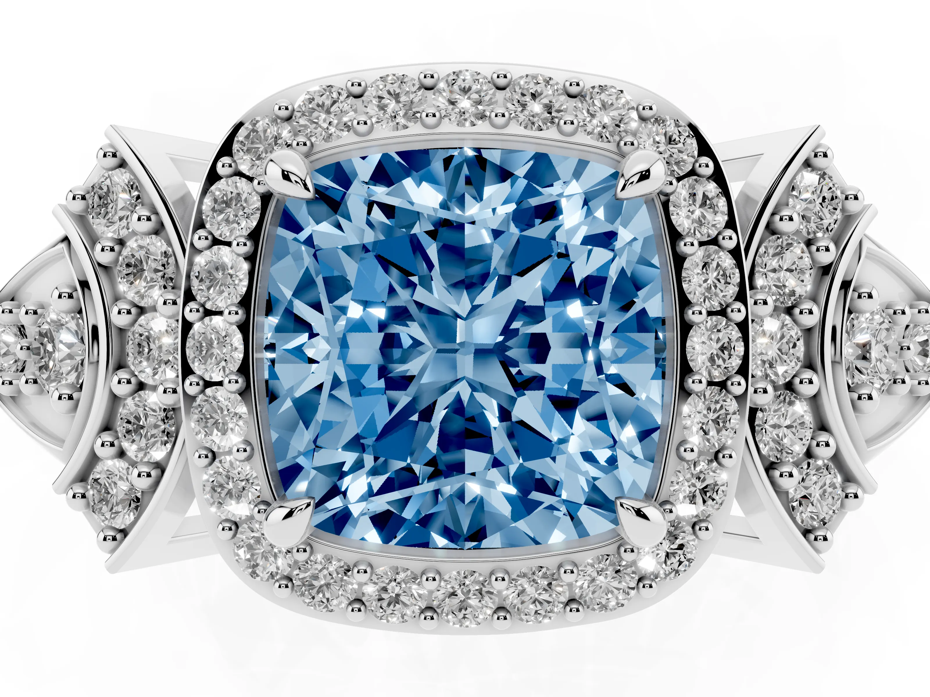 Fancy Blue Cushion Cut Diamond Halo Engagement Ring Set in Platinum with Accent Stone Split Shank