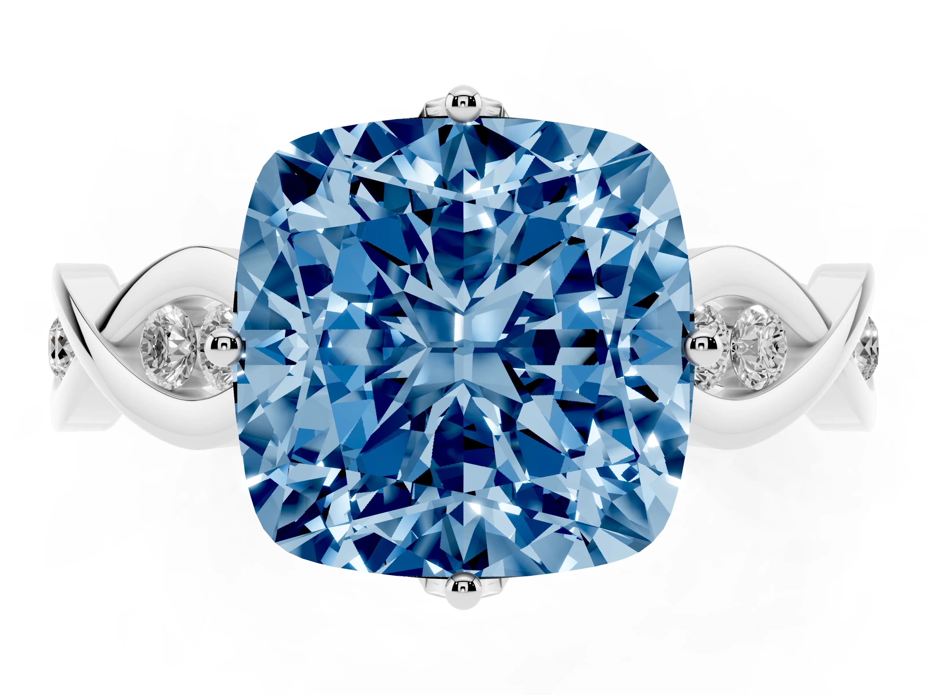 Fancy Blue Cushion Cut Diamond Twist Band Solitaire Ring Set in Silver with Leaf Prong Setting and Accent Stones