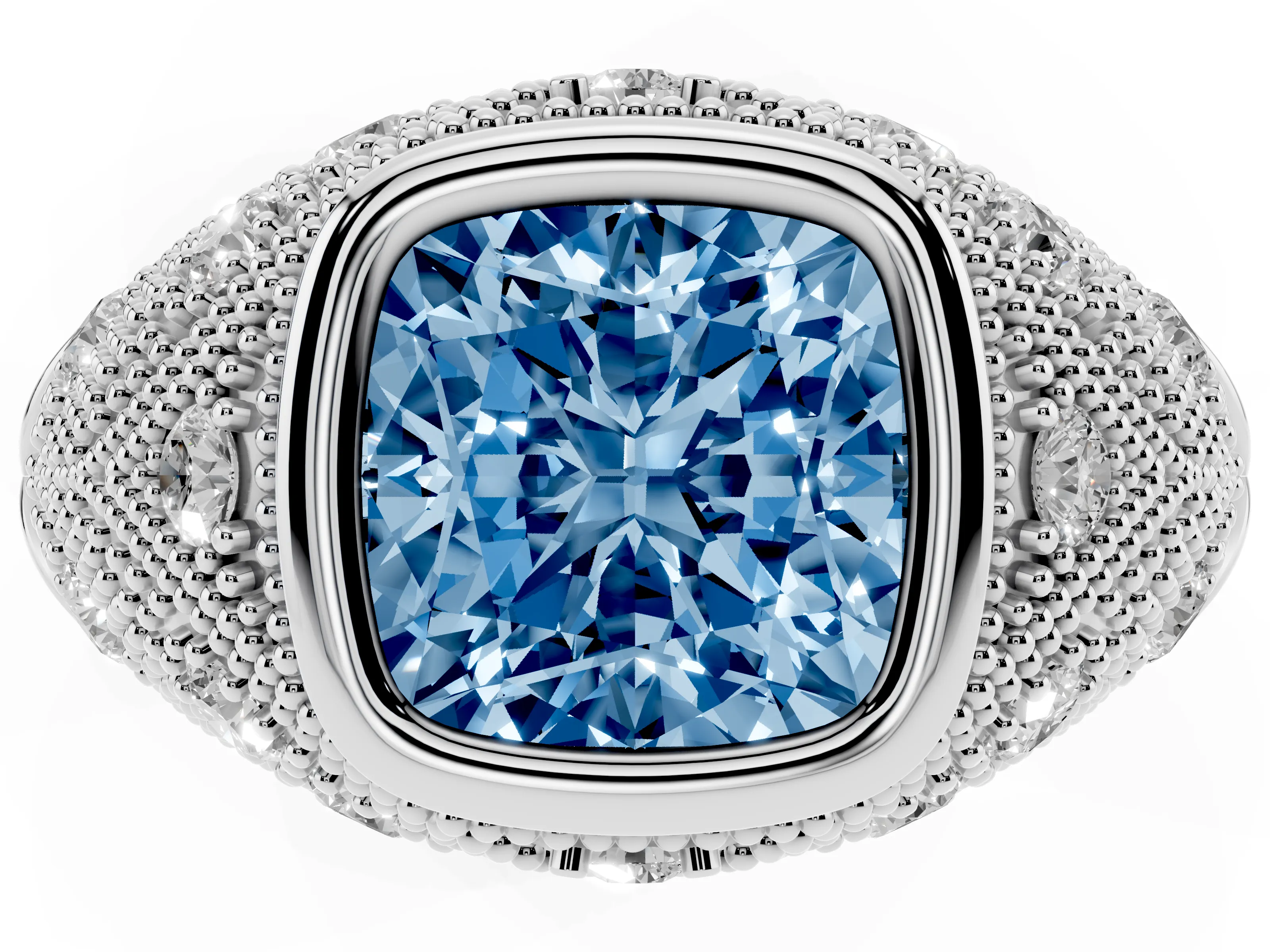 Fancy Blue Cushion Cut Diamond Bezel Ring Set in Silver with Milgrain Accent Band