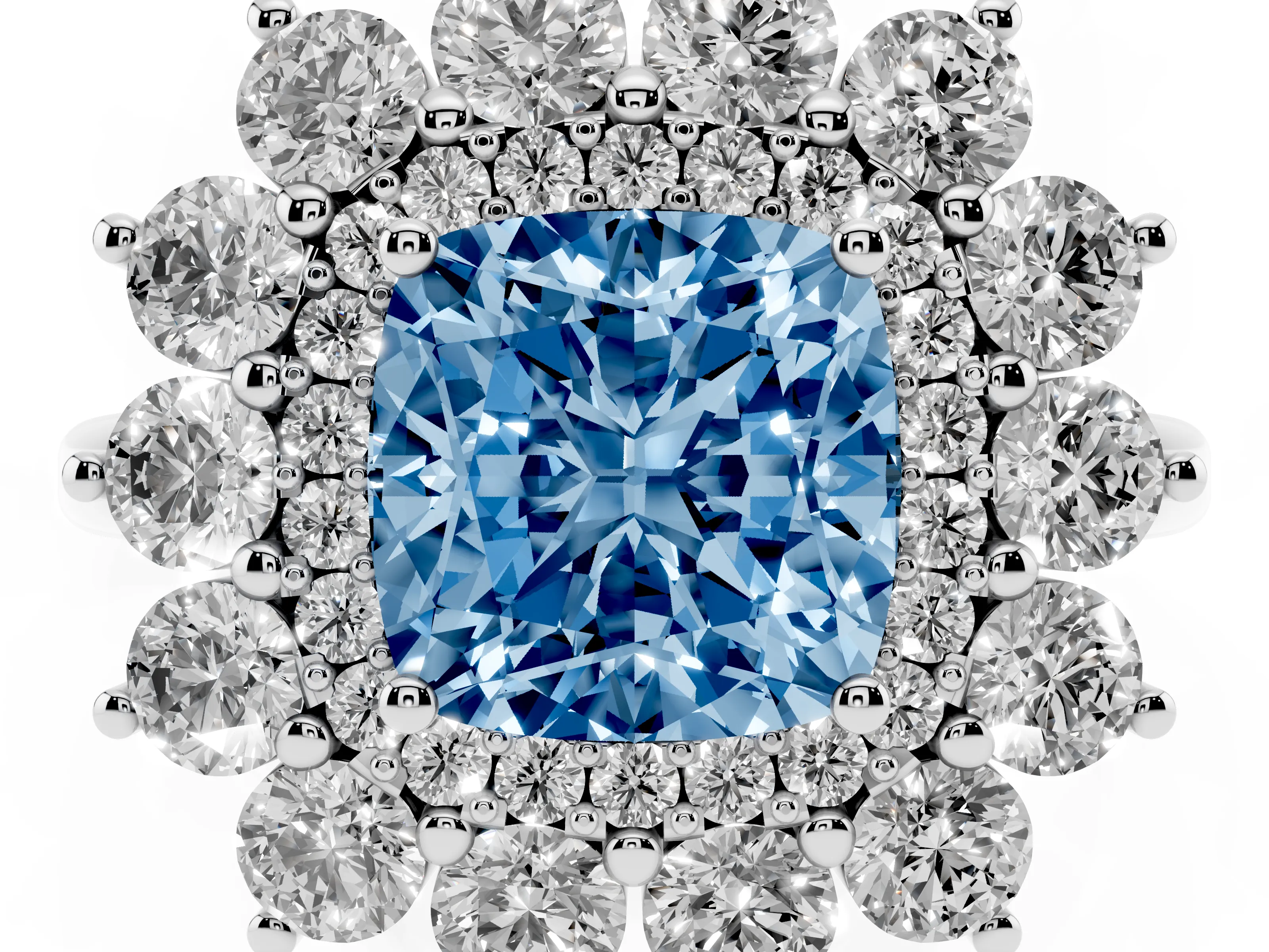 Fancy Blue Cushion Cut Diamond Floral Double Halo Ring Set in Platinum with Round Petals