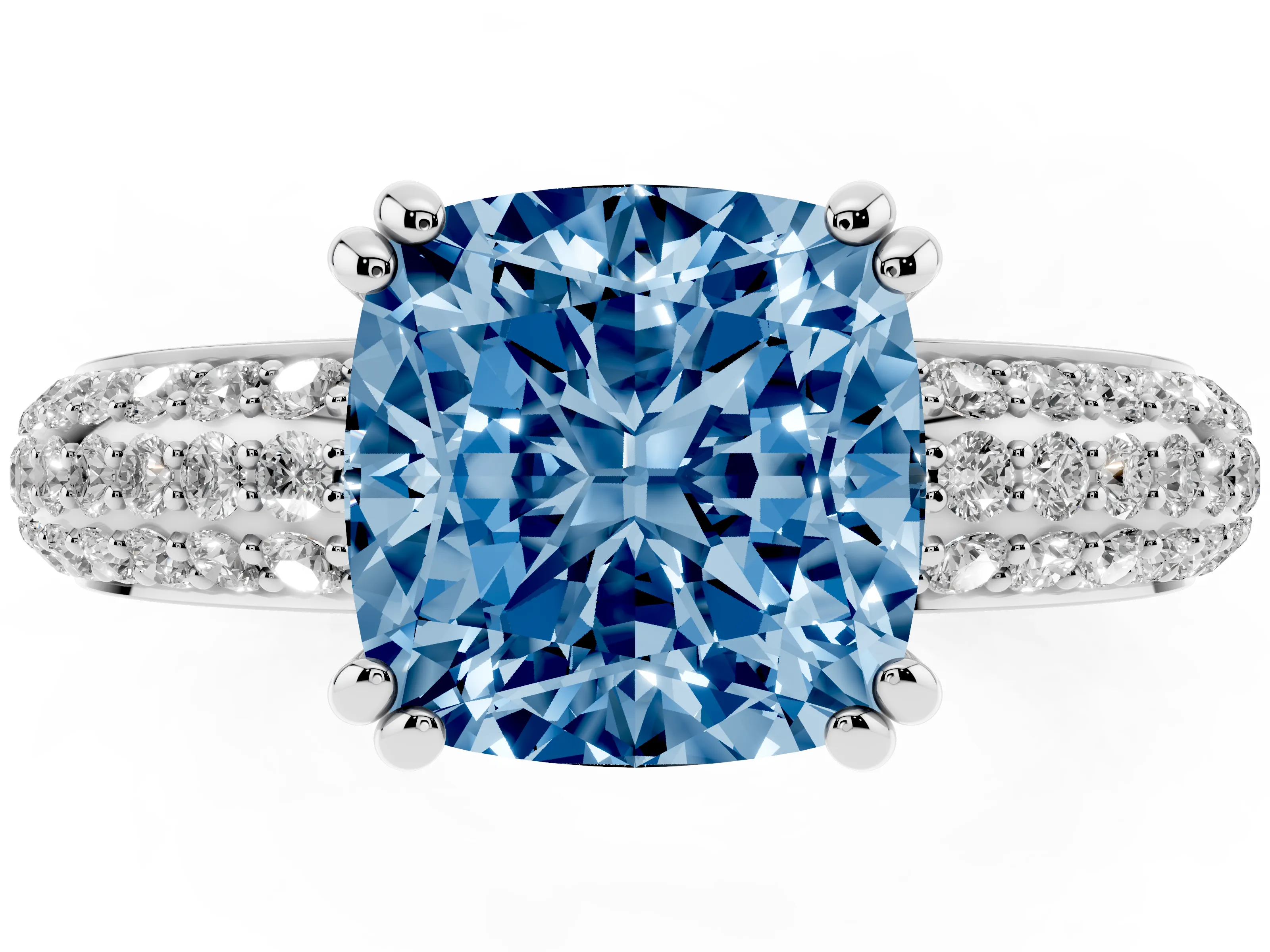 Fancy Blue Cushion Cut Diamond Solitaire Ring Set in Silver with Multi-Row Round Pavé Band and Prong Setting