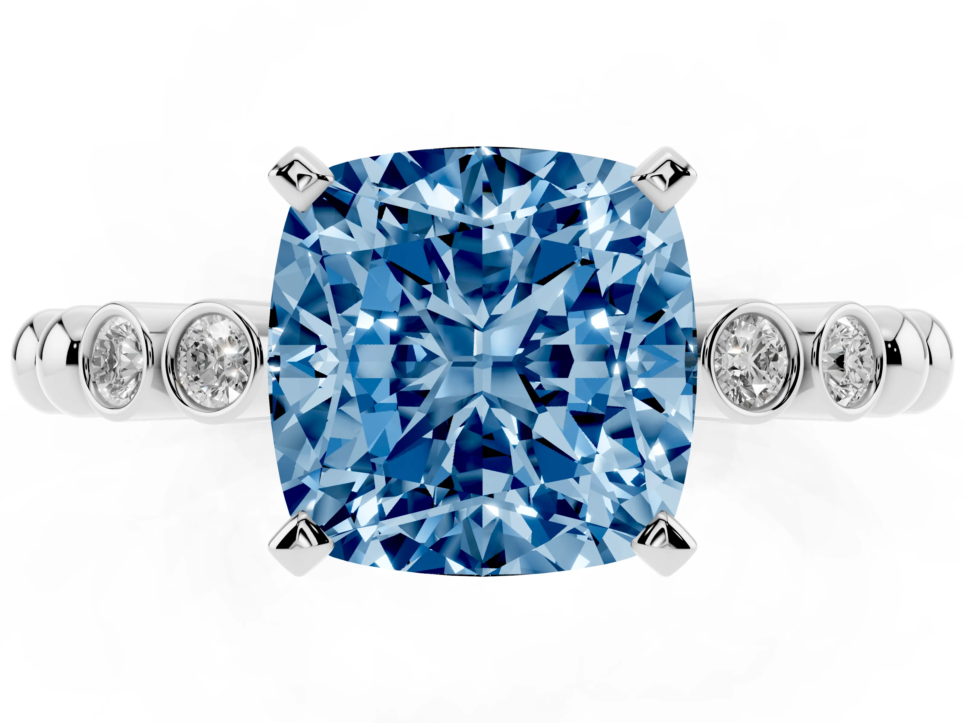 Fancy Blue Cushion Cut Diamond Solitaire Engagement Ring Set in White gold with Bezel Accents on Beaded Band