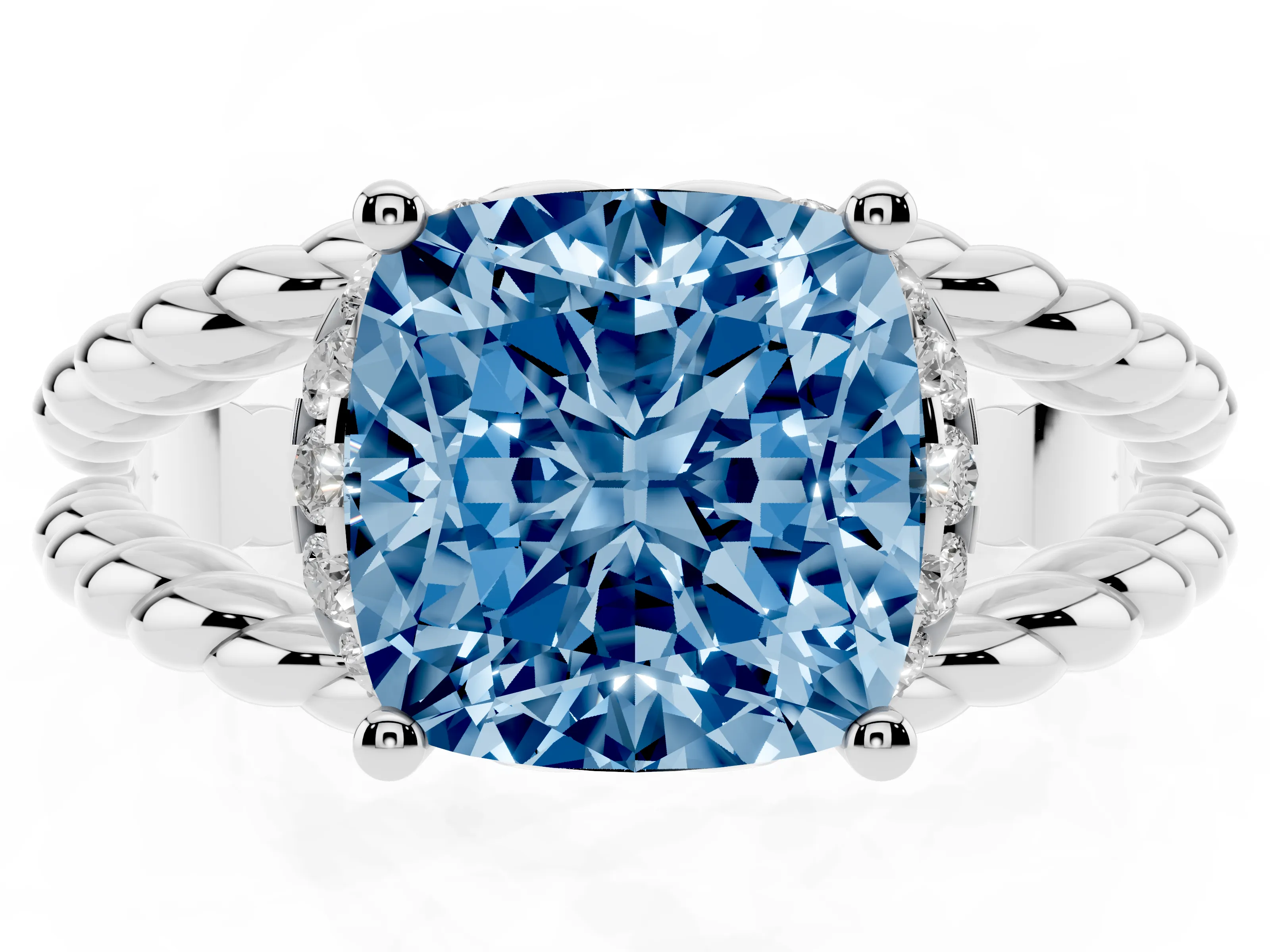 Fancy Blue Cushion Cut Diamond Halo Ring Set in White gold with Twisted Band and Prong Setting