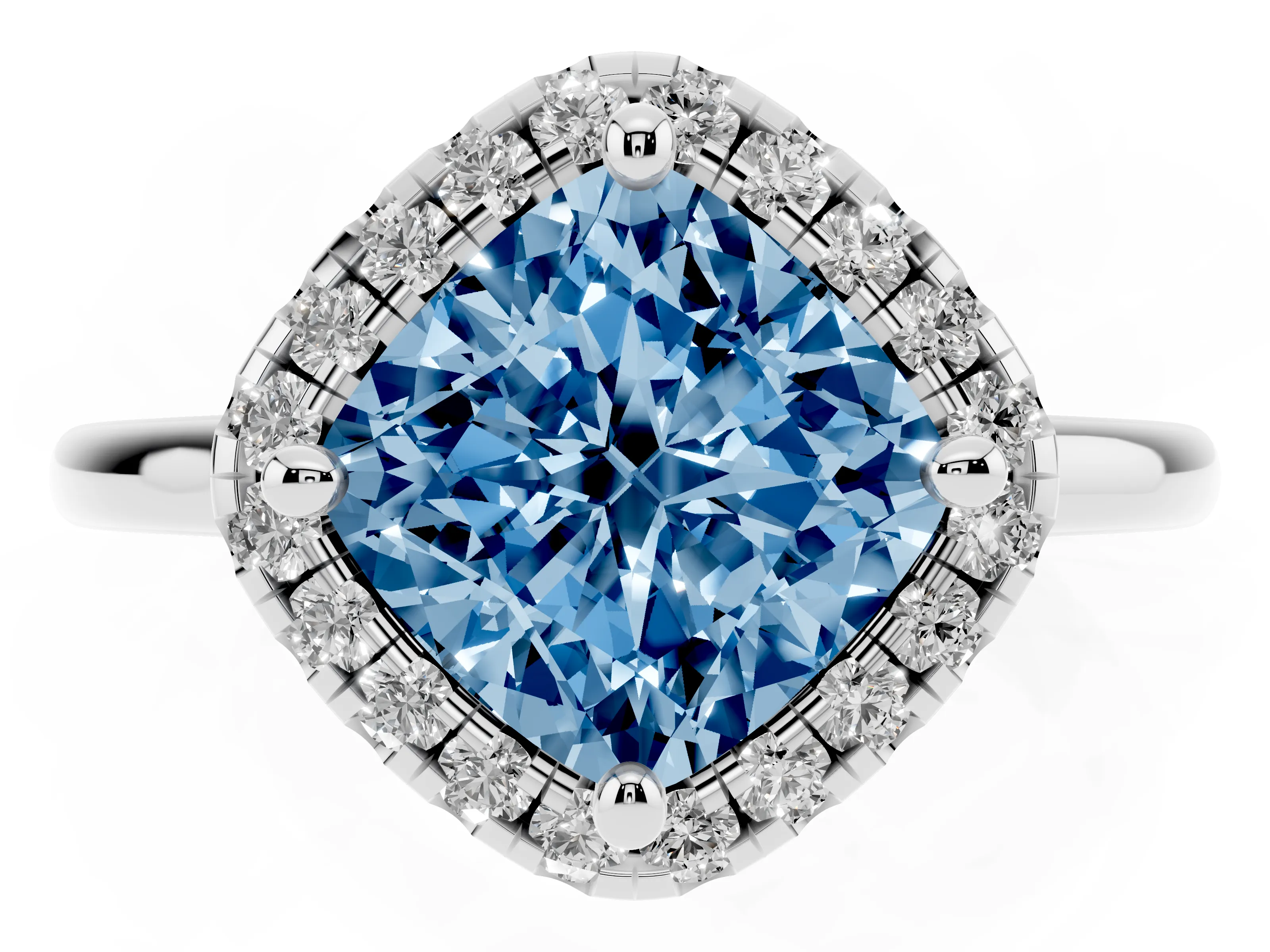 Fancy Blue Cushion Cut Diamond Halo Engagement Ring Set in Silver with Pavé Band and Rising Shoulders