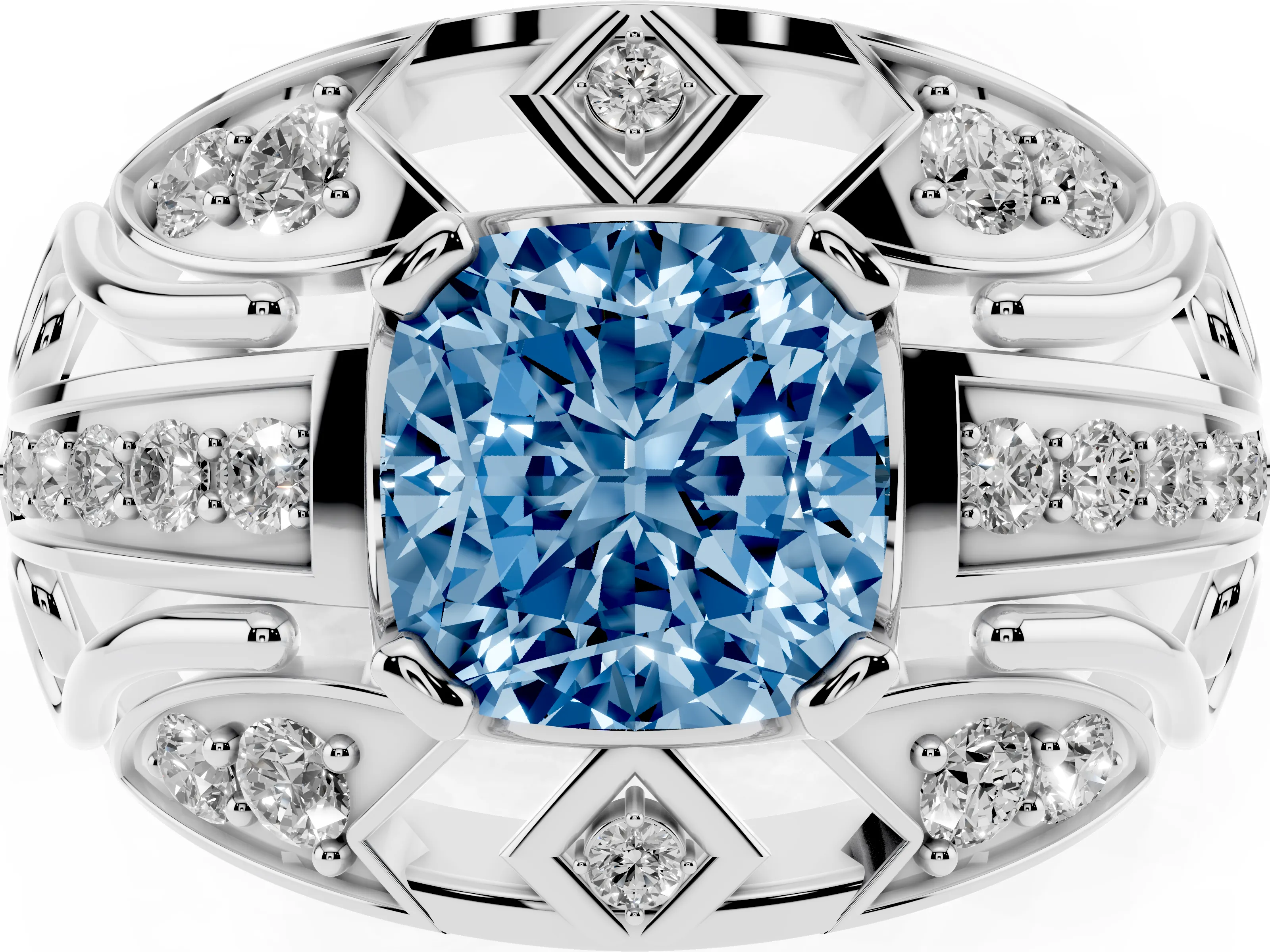 Fancy Blue Cushion Cut Diamond Art Deco Ring Set in Silver with Pavé Split Shank