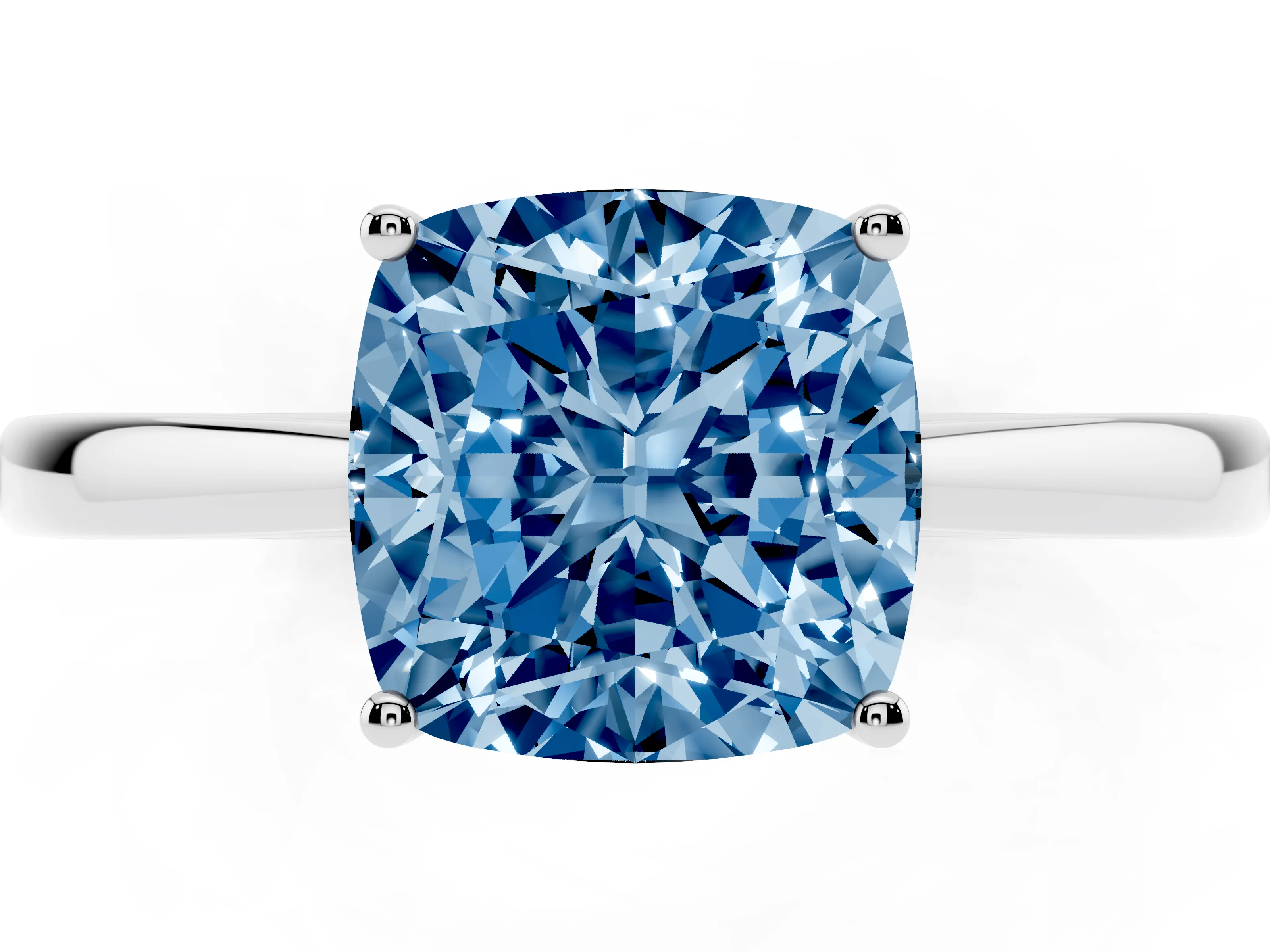 Fancy Blue Cushion Cut Diamond Solitaire Ring Set in Silver with Split Shank and Prong Setting