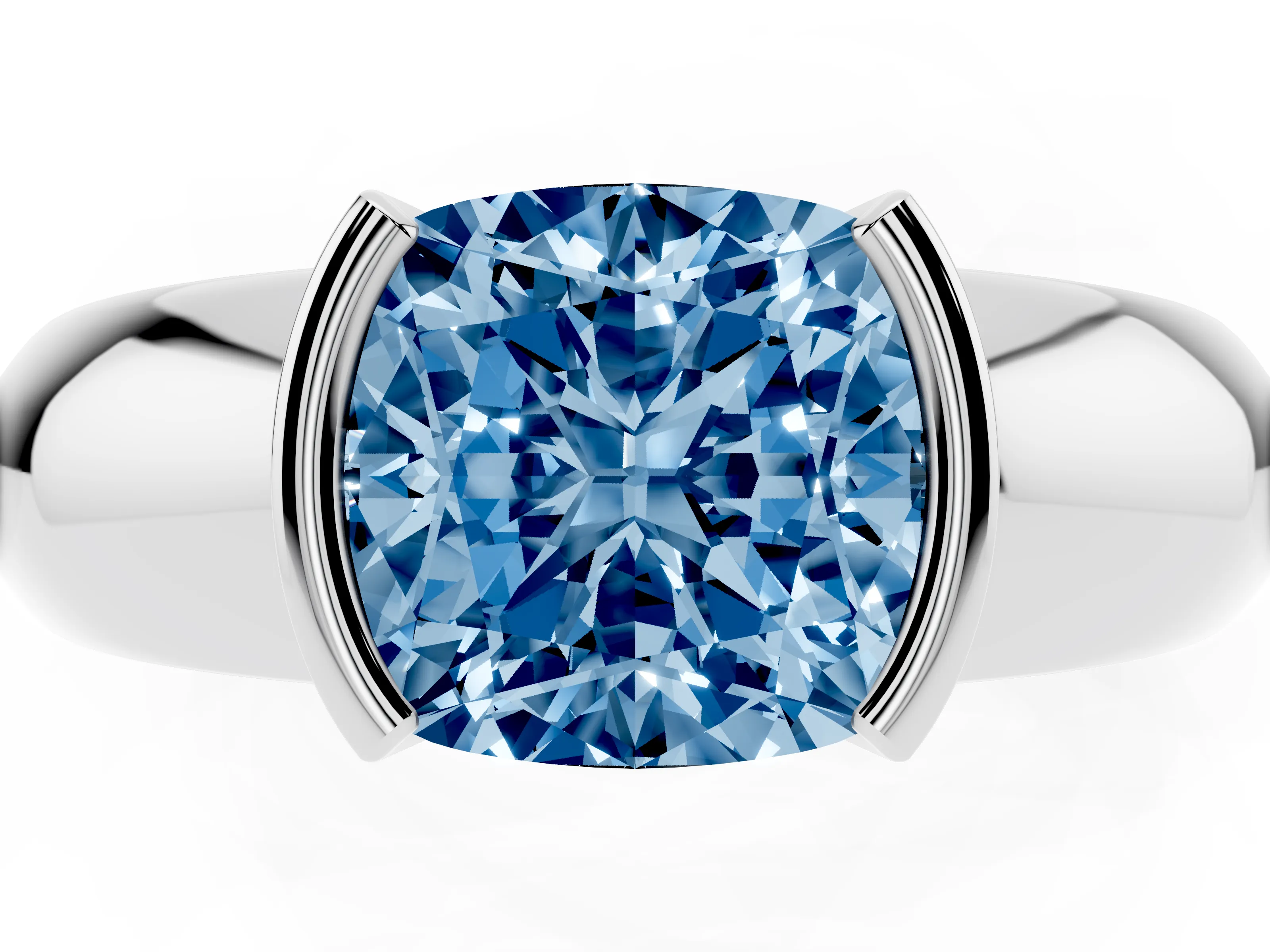 Fancy Blue Cushion Cut Diamond Solitaire Tension Set Ring Set in White gold with Wide Band