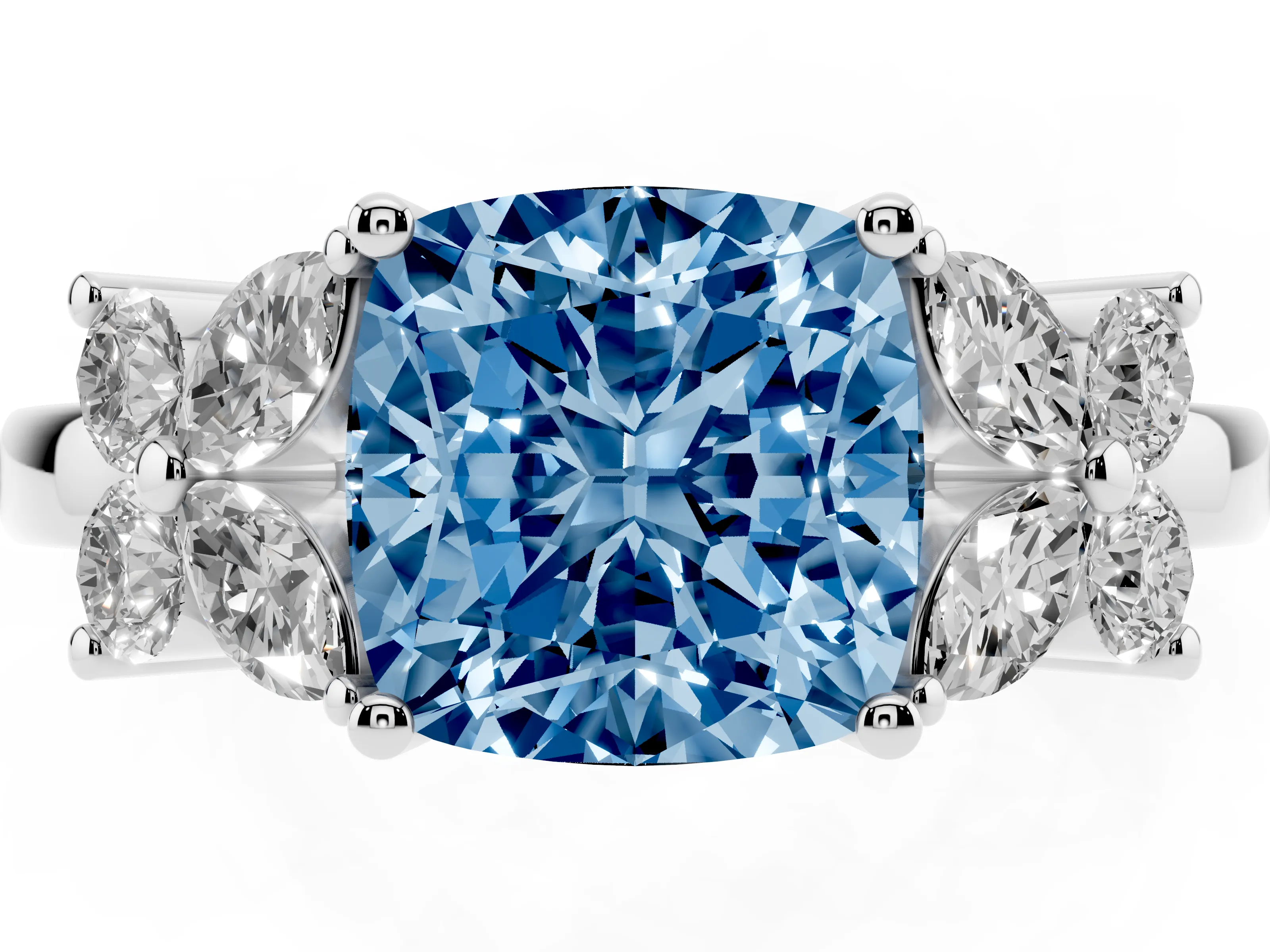 Fancy Blue Cushion Cut Diamond Floral Cluster Ring Set in Silver with Marquise Petals and Prong Setting