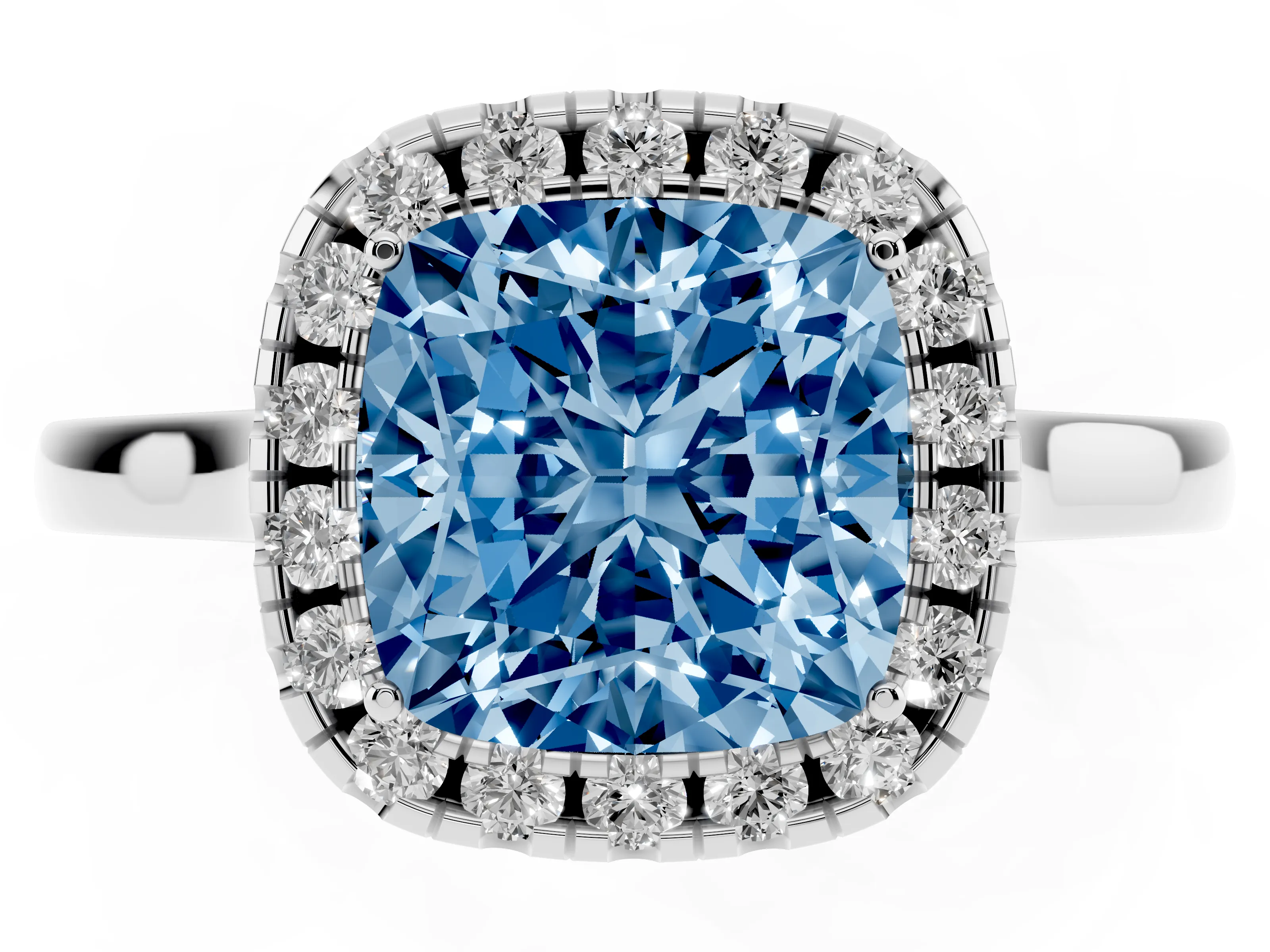 Fancy Blue Cushion Cut Halo Round Diamond Solitaire Ring Set in Platinum with Pavé Band and Prong Setting
