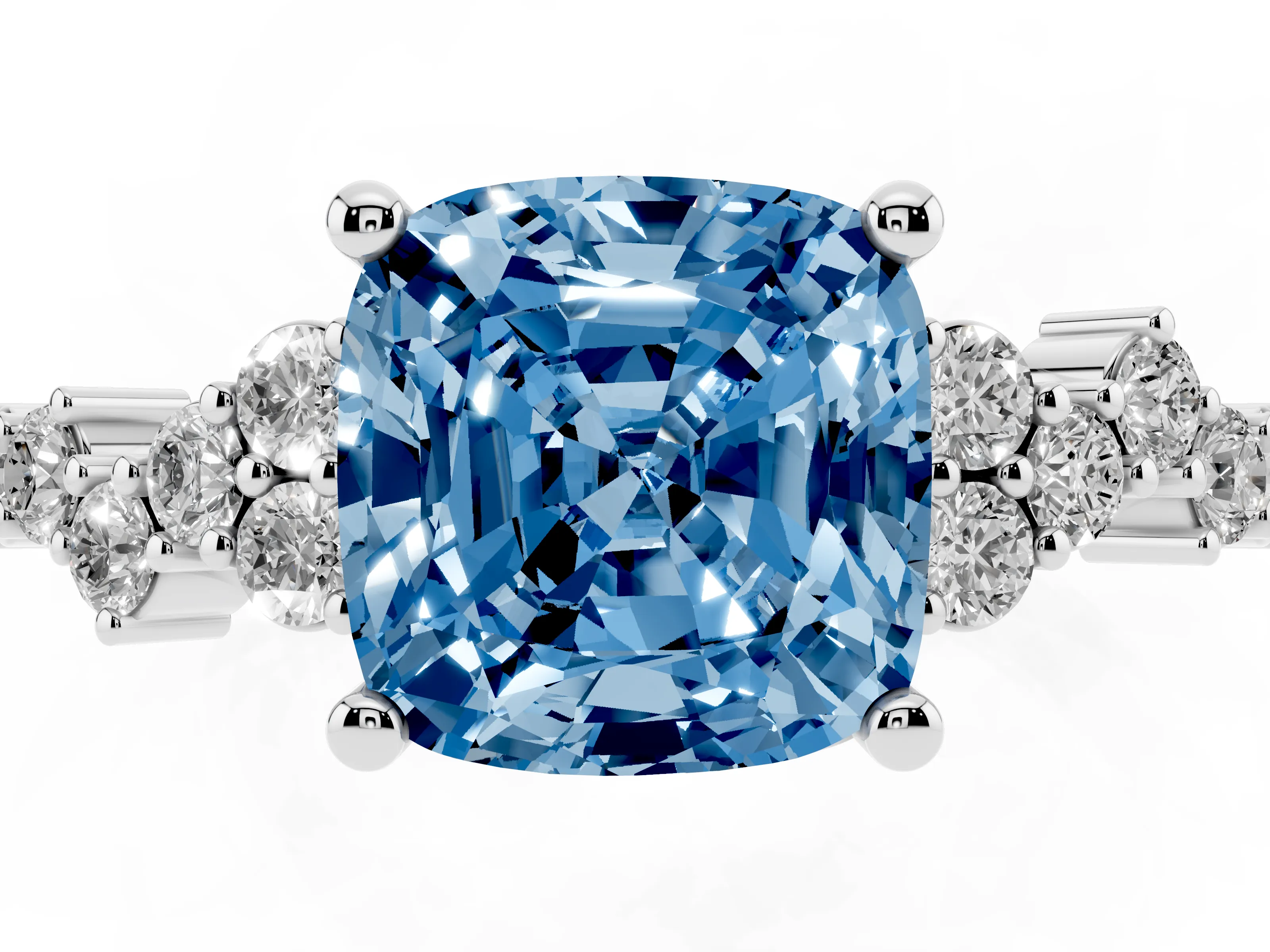 Fancy Blue Cushion Cut Diamond Ring Set in White gold with Scattered Round Accents