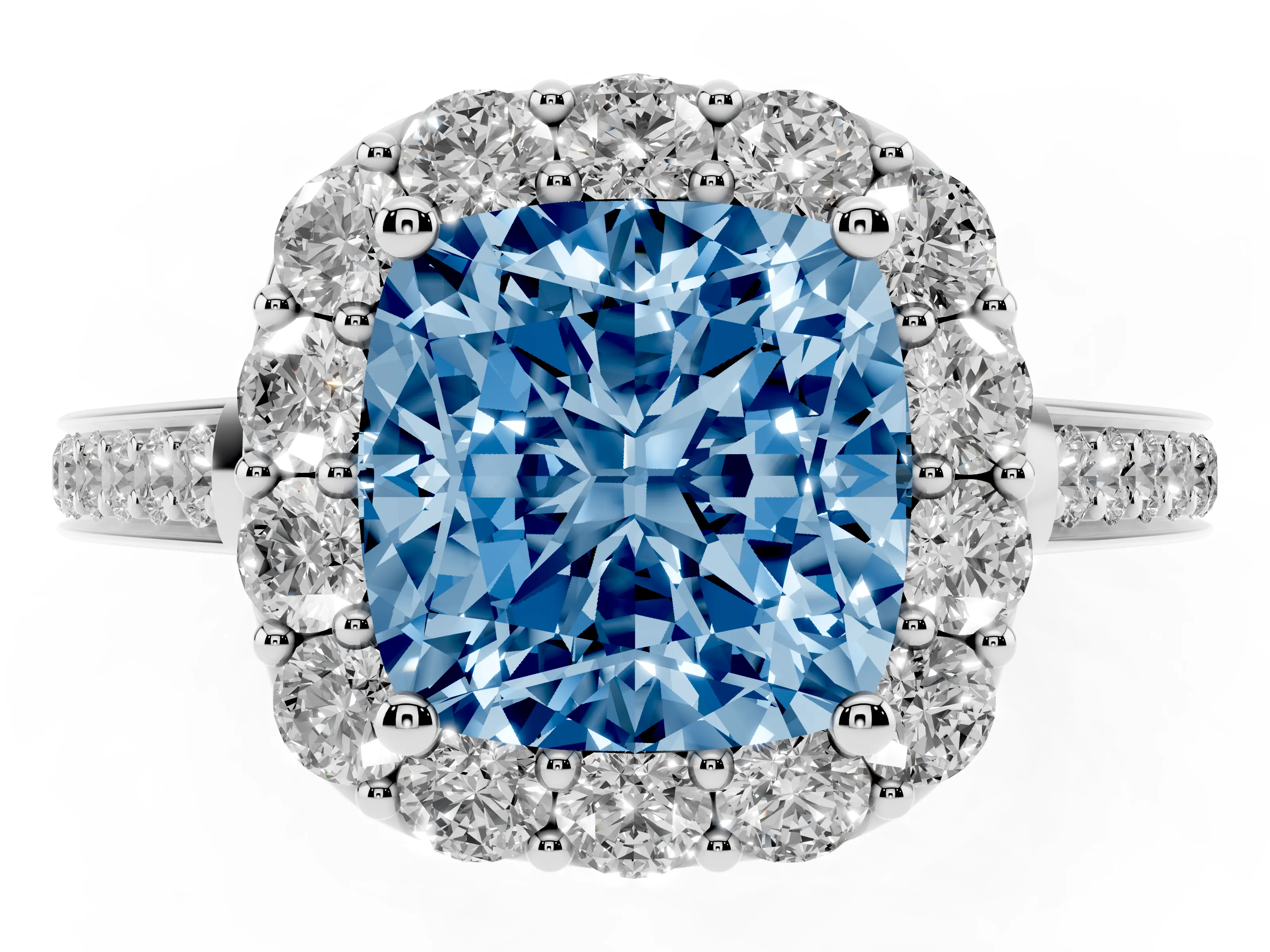 Fancy Blue Cushion Cut Diamond Floral Halo Ring Set in White gold with Pavé Band and Prong Setting