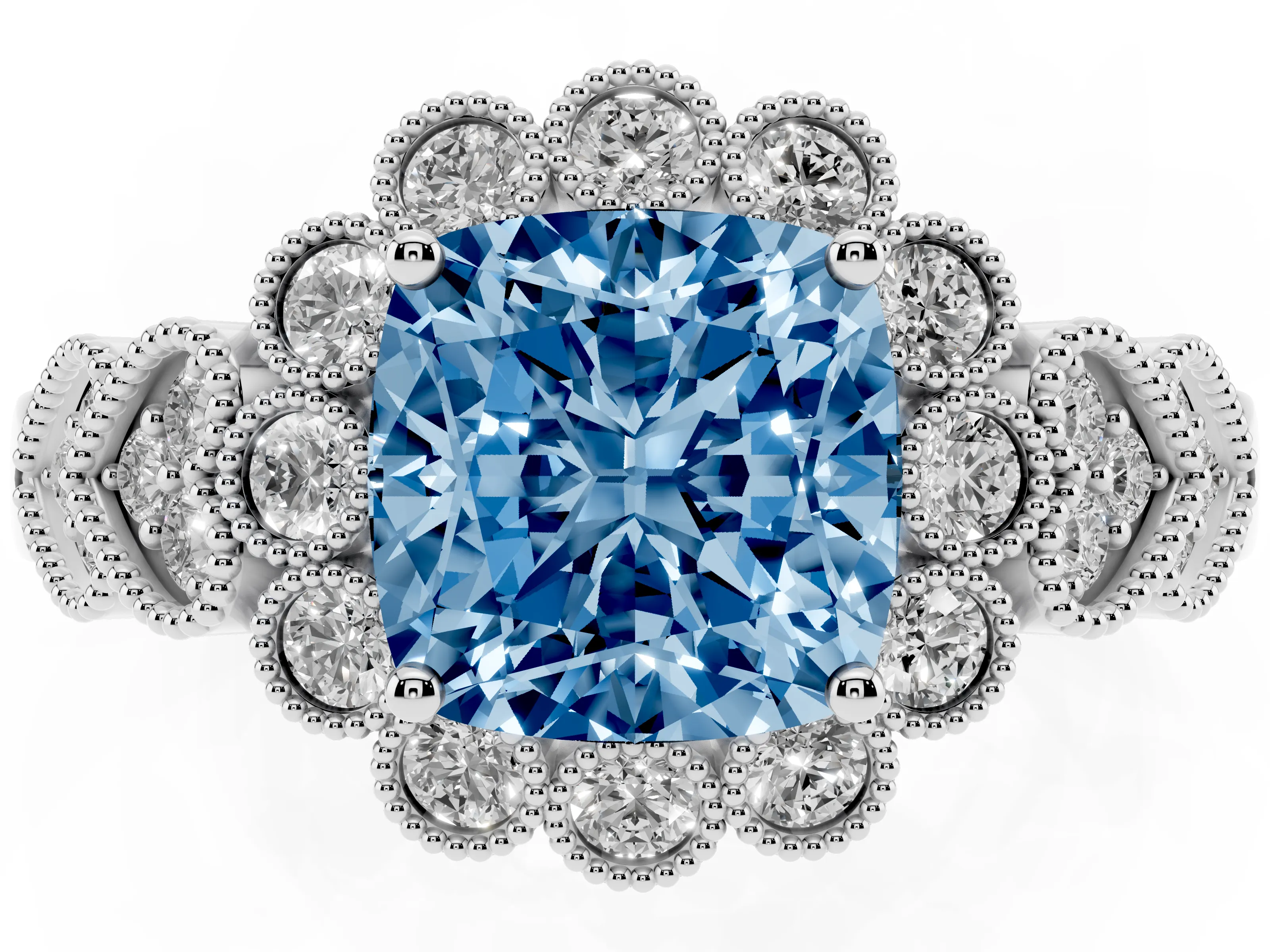 Fancy Blue Cushion Cut Diamond Solitaire Ring Set in Silver with Milgrain Pavé Heart Band