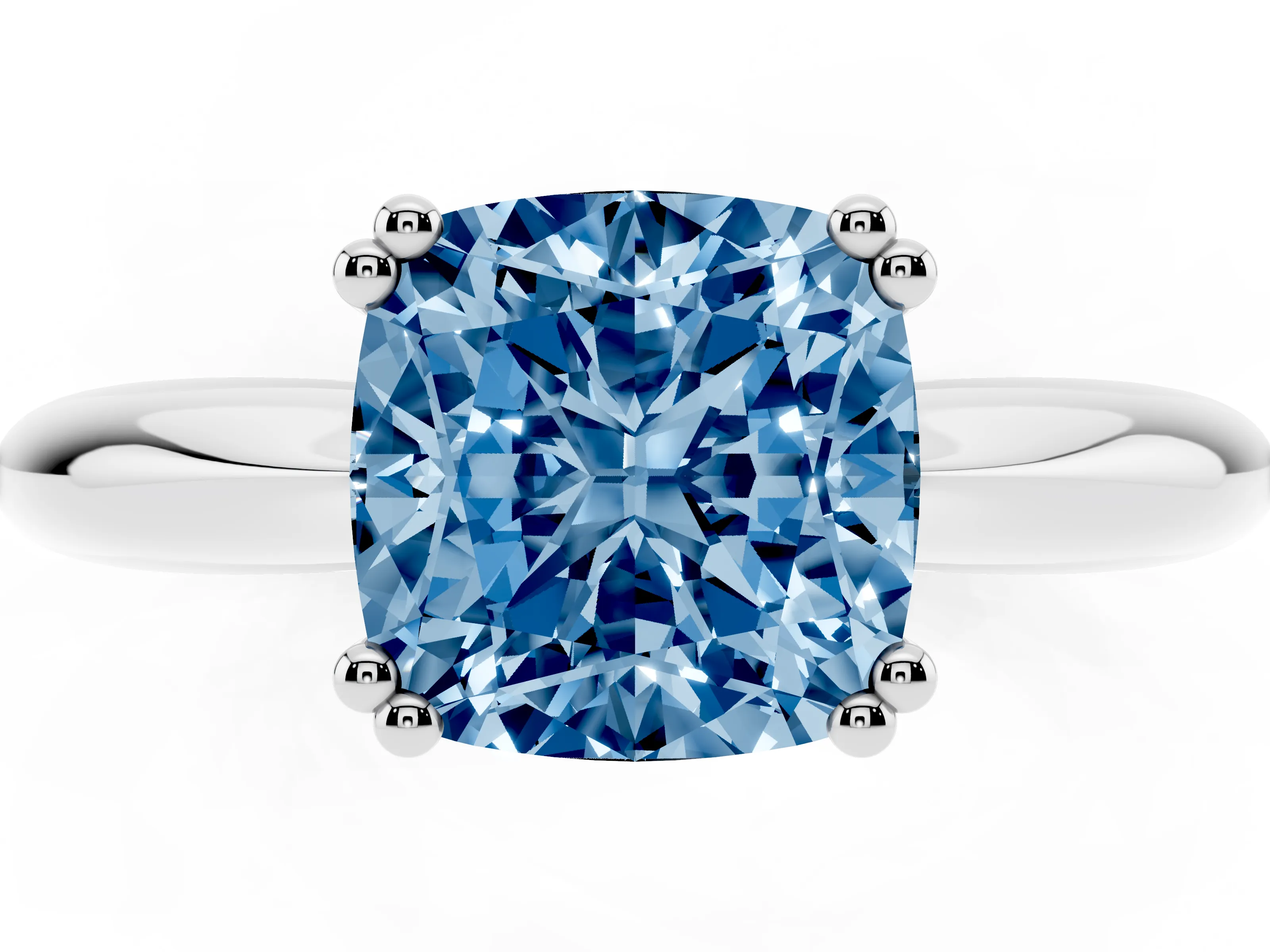 Fancy Blue Cushion Cut Diamond Solitaire Engagement Ring Set in Silver with Tapered Band and Prong Setting