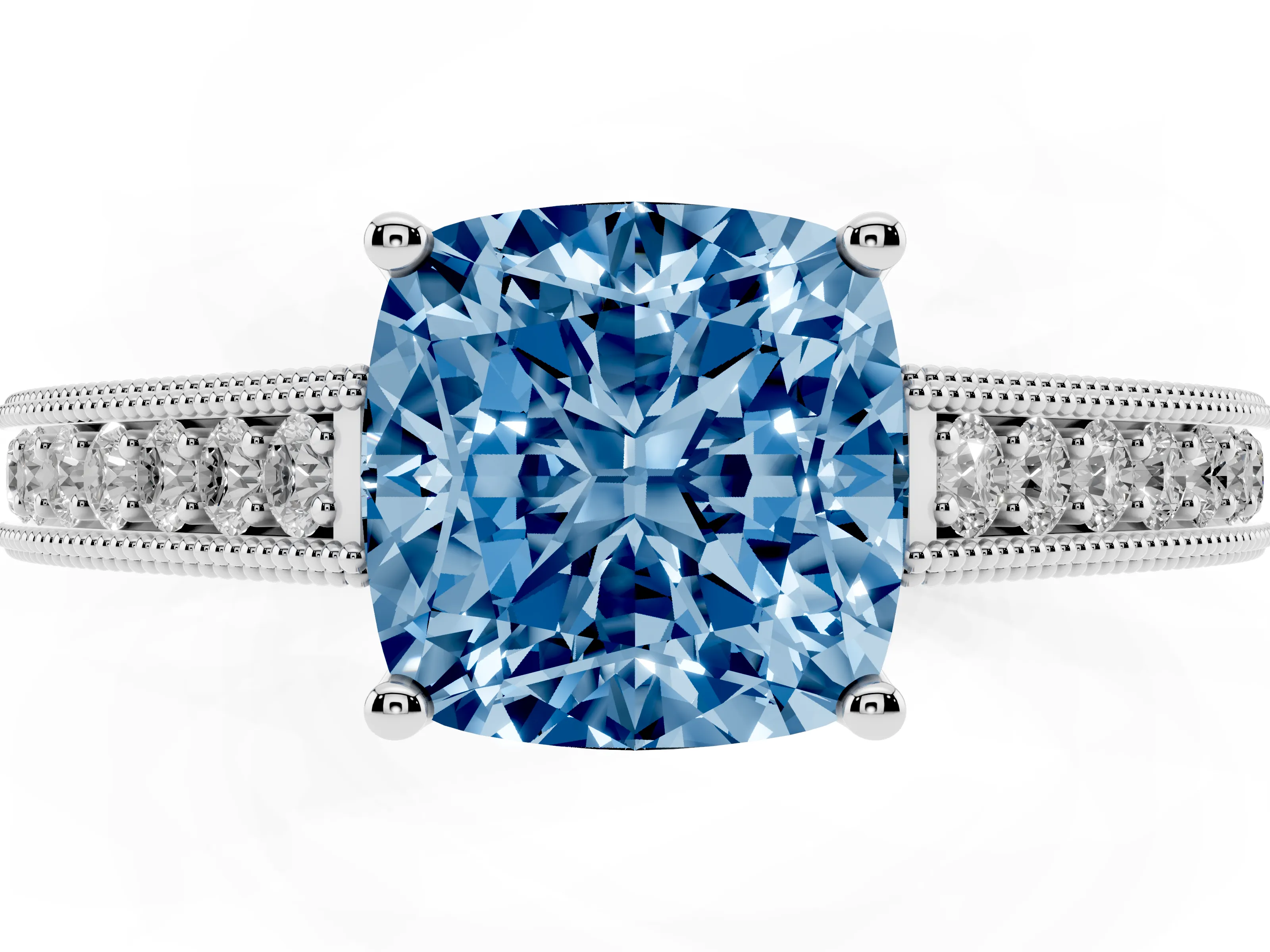Fancy Blue Cushion Cut Diamond Milgrain Pavé Band Solitaire Ring Set in White gold with Prong Setting